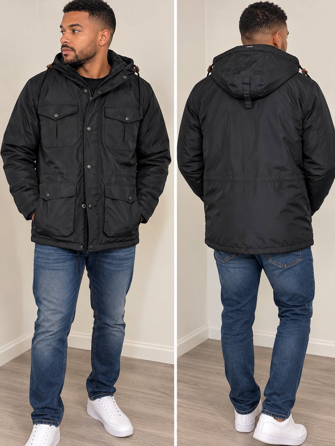 Kam Jeans Black Hooded Winter Jacket – Size L, Kam Jeans, L, New condition — preloved on SilentSale®
