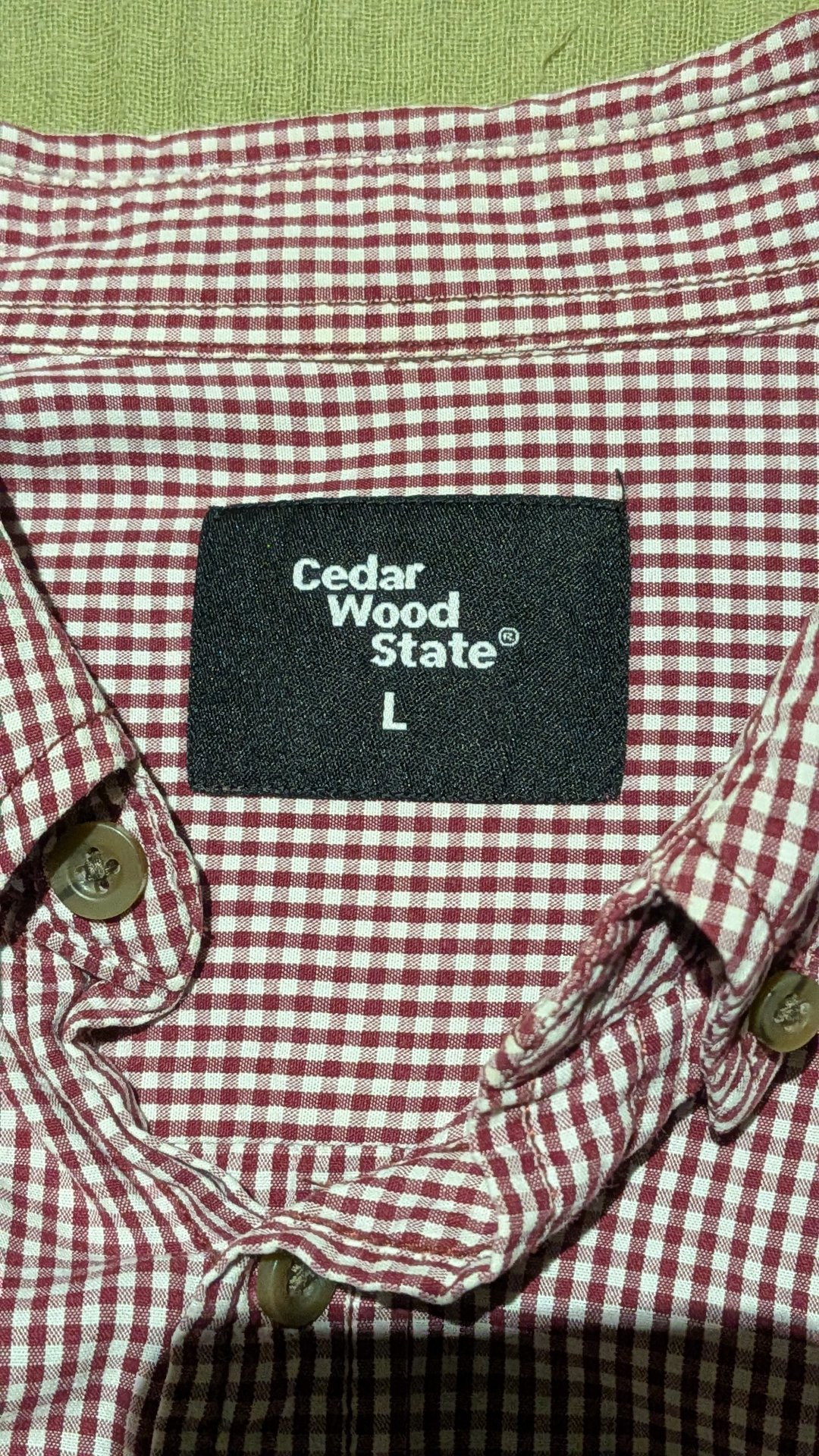 Size L Cedar Wood State burgundy and white gingham button-down shirt, Cedar Wood State, L, Excellent condition — preloved on SilentSale®