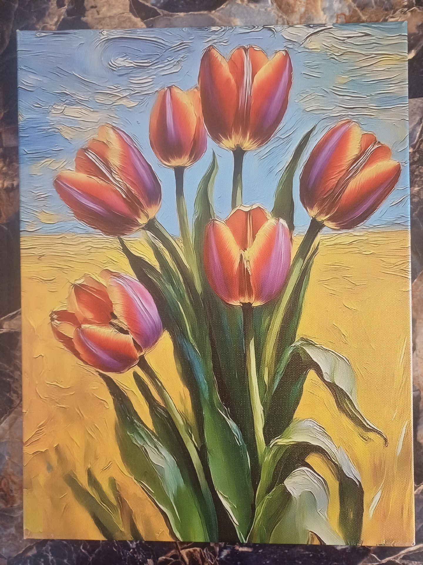 Floral Tulip Oil Painting on Canvas with Black Frame, Canvas, One Size, New condition — preloved on SilentSale®