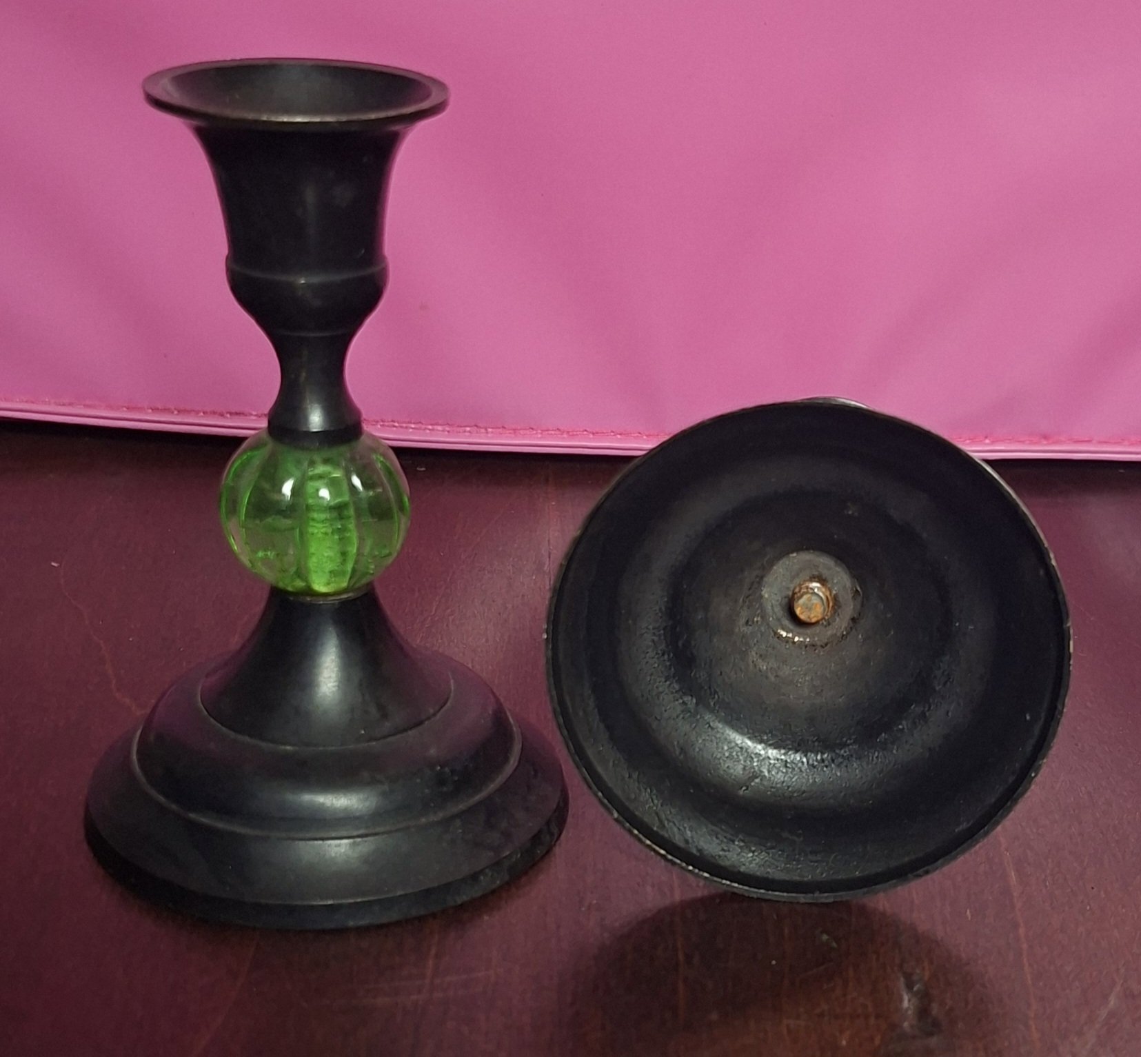 Pair of Vintage Black Metal Candlesticks with Green Glass Detail, Unbranded, 10cm height, Good condition — preloved on SilentSale®