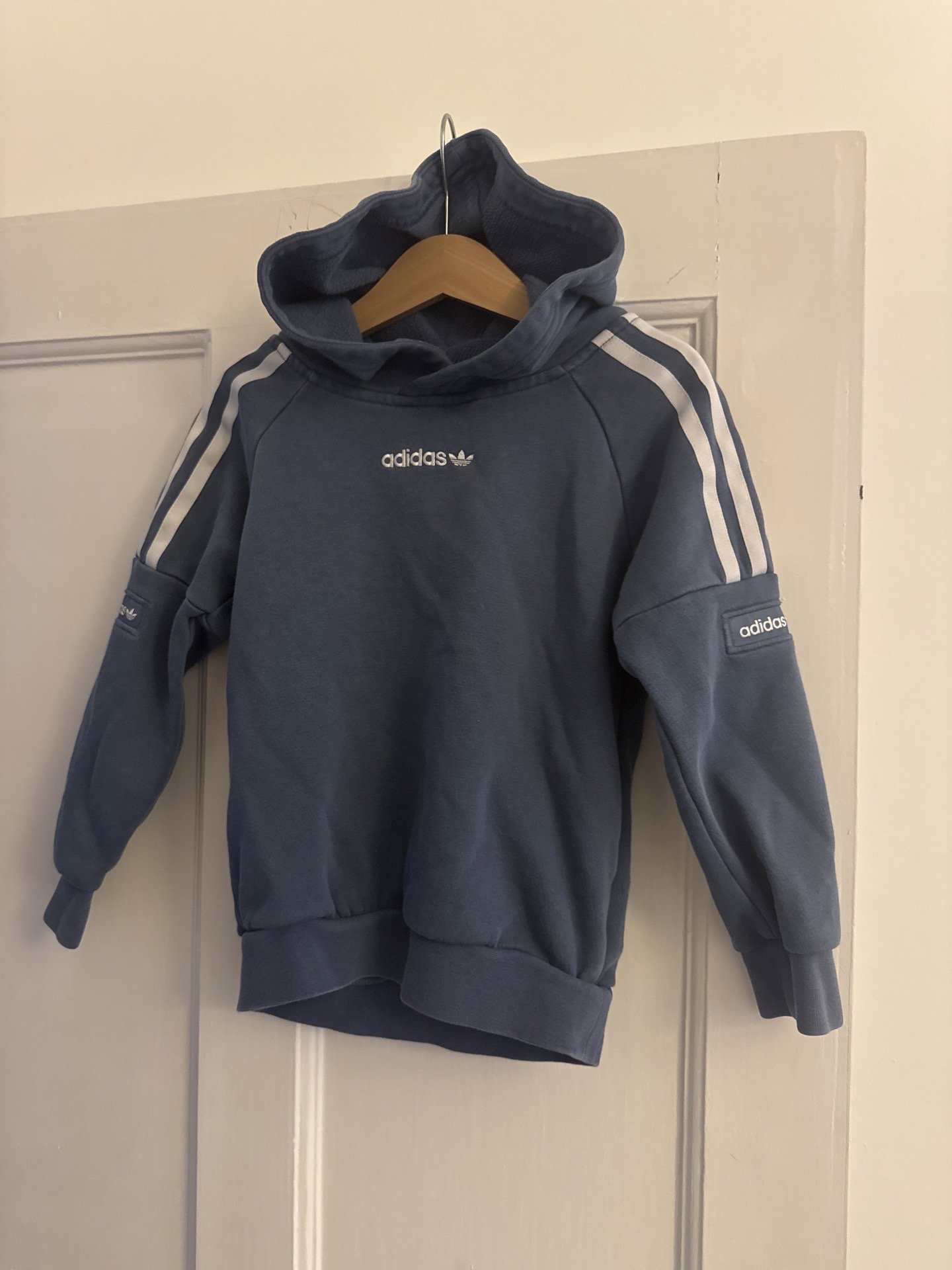 Adidas Blue Kids Hoodie with White Stripes – UK 4-5Y, Adidas, 4-5 years, Excellent condition — preloved on SilentSale®