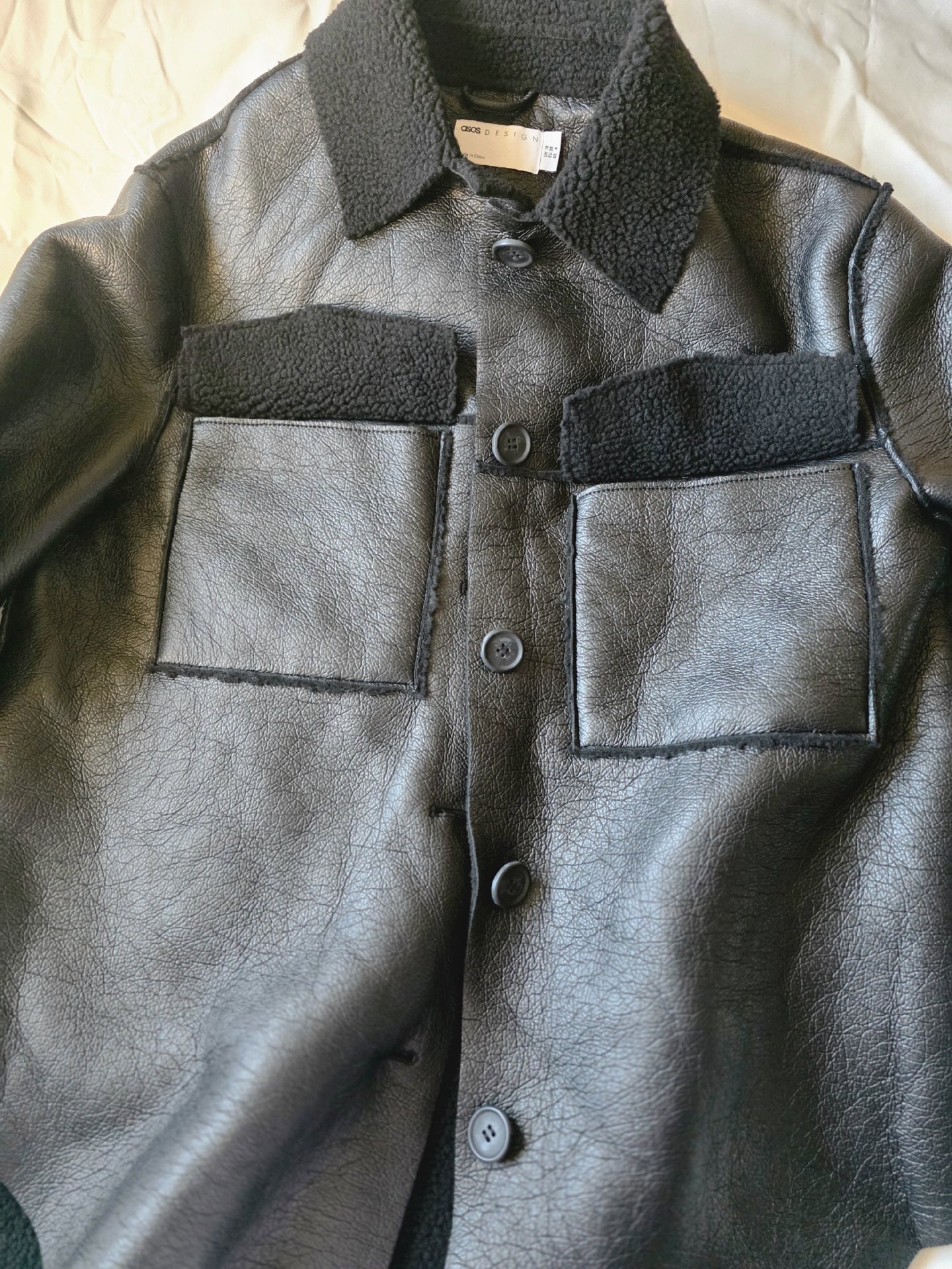 Asos design black faux leather faux Shearling Lined jacket, ASOS Design, 10, New condition — preloved on SilentSale®