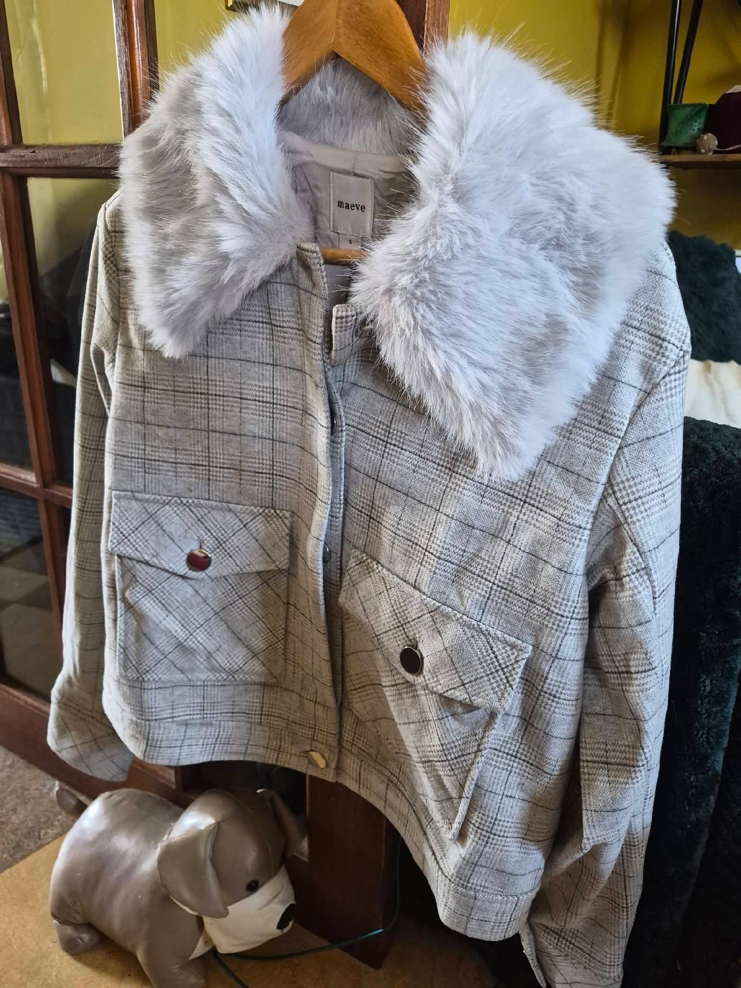 Maeve Check Faux Fur Collar Jacket – Size S, Maeve, S, New condition — preloved on SilentSale®