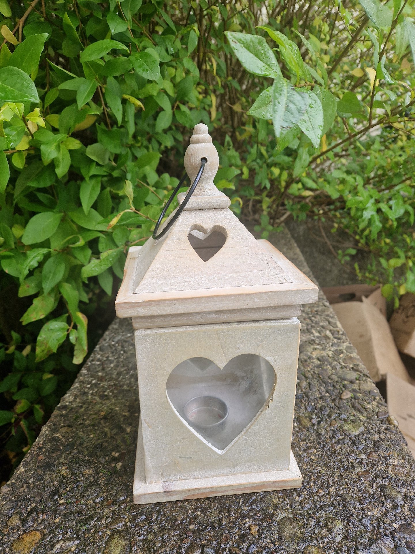 Wooden decorative lantern with heart-shaped cutouts and glass insert, Unbranded, Medium, Excellent condition — preloved on SilentSale®
