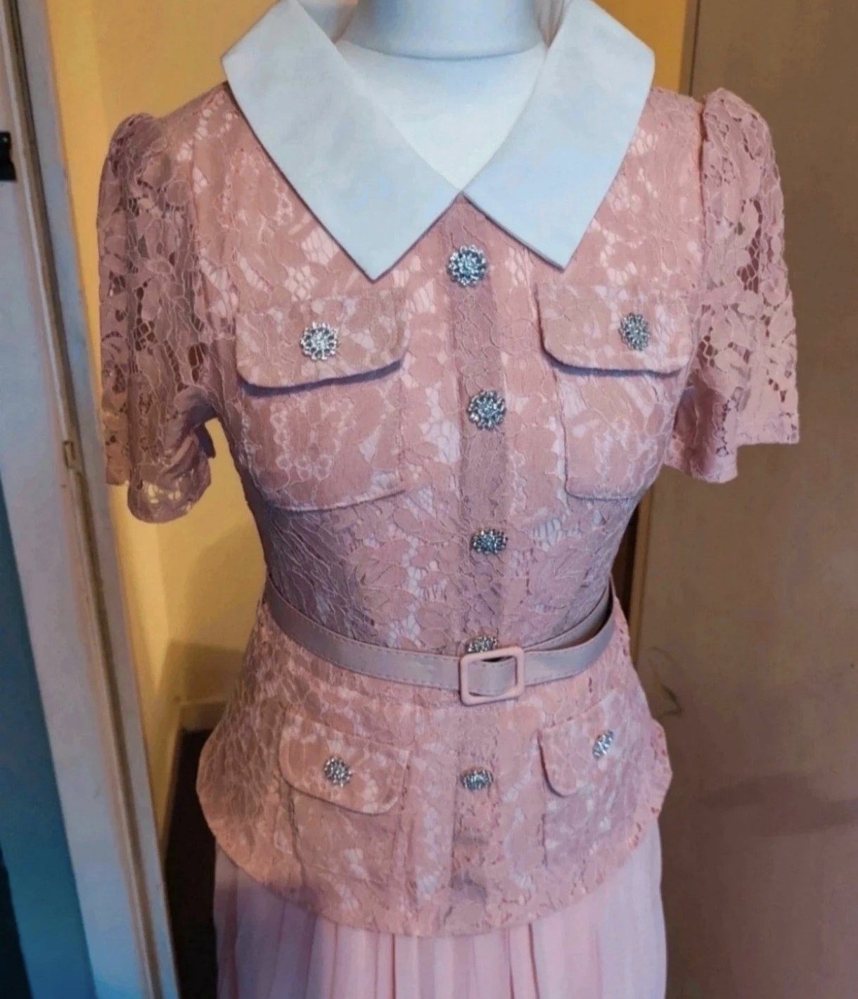 Pink Lace Pleated Midi Dress with Belt and White Collar, ellystore, 10, Excellent condition — preloved on SilentSale®
