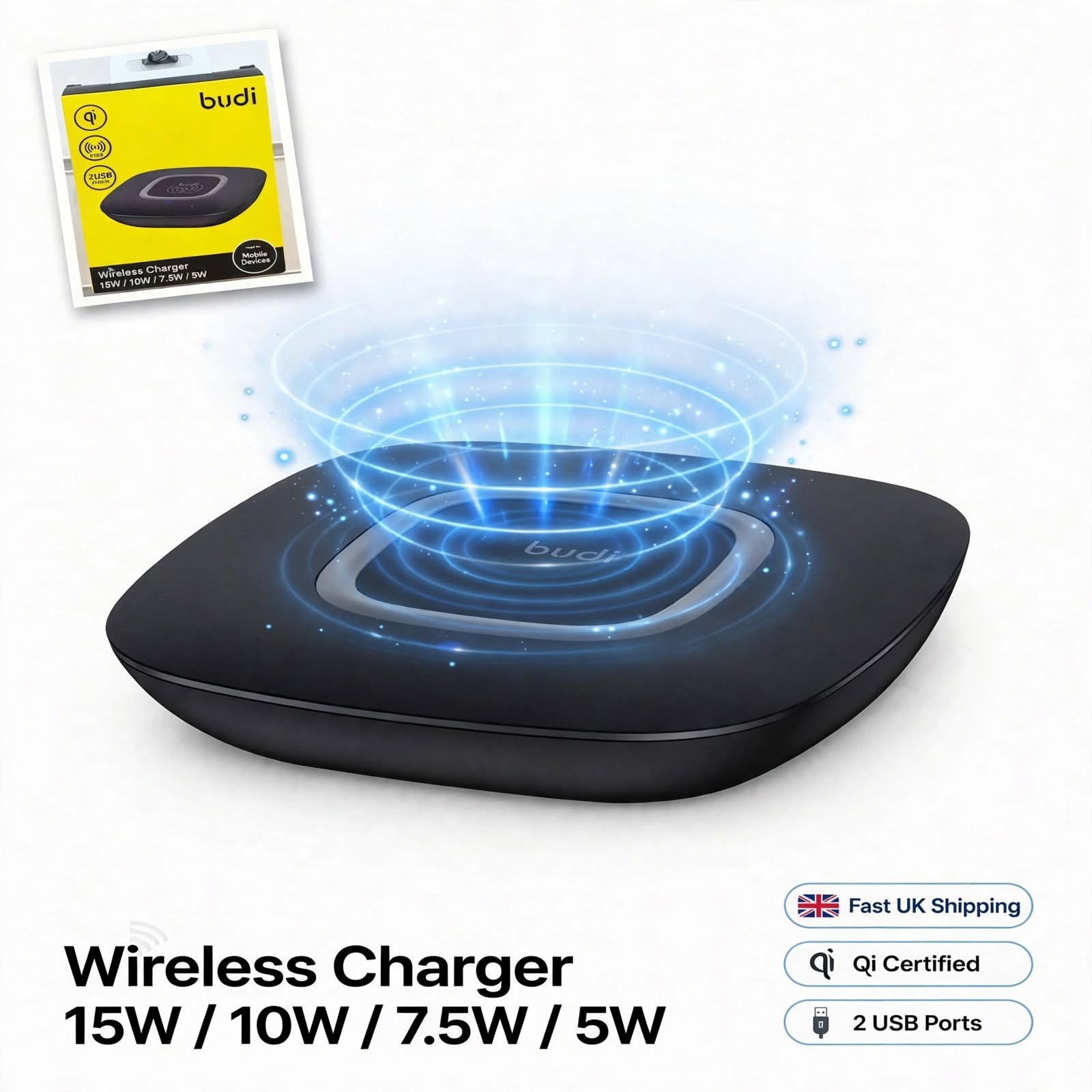 Budi Wireless Charger 15W Fast Charge with 2 USB Ports, Budi, One Size, New condition — preloved on SilentSale®