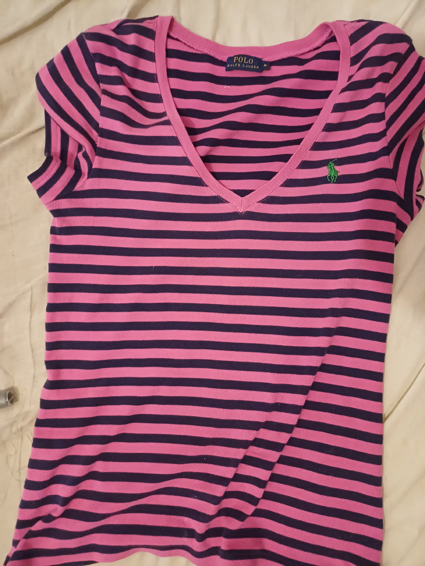 Polo Ralph Lauren Pink and Navy Striped V-Neck T-Shirt, Polo Ralph Lauren, M, Like New condition — preloved on SilentSale®