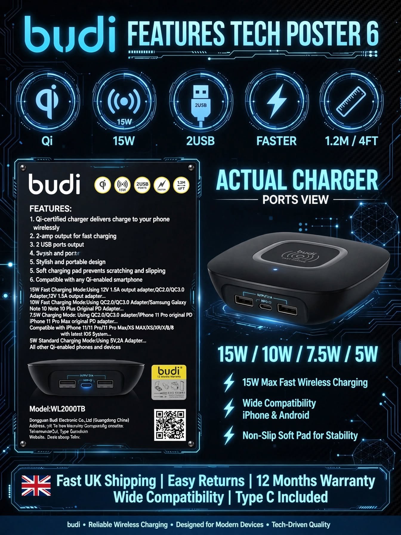 Budi Wireless Charger 15W Fast Charge with 2 USB Ports, Budi, One Size, New condition — preloved on SilentSale®