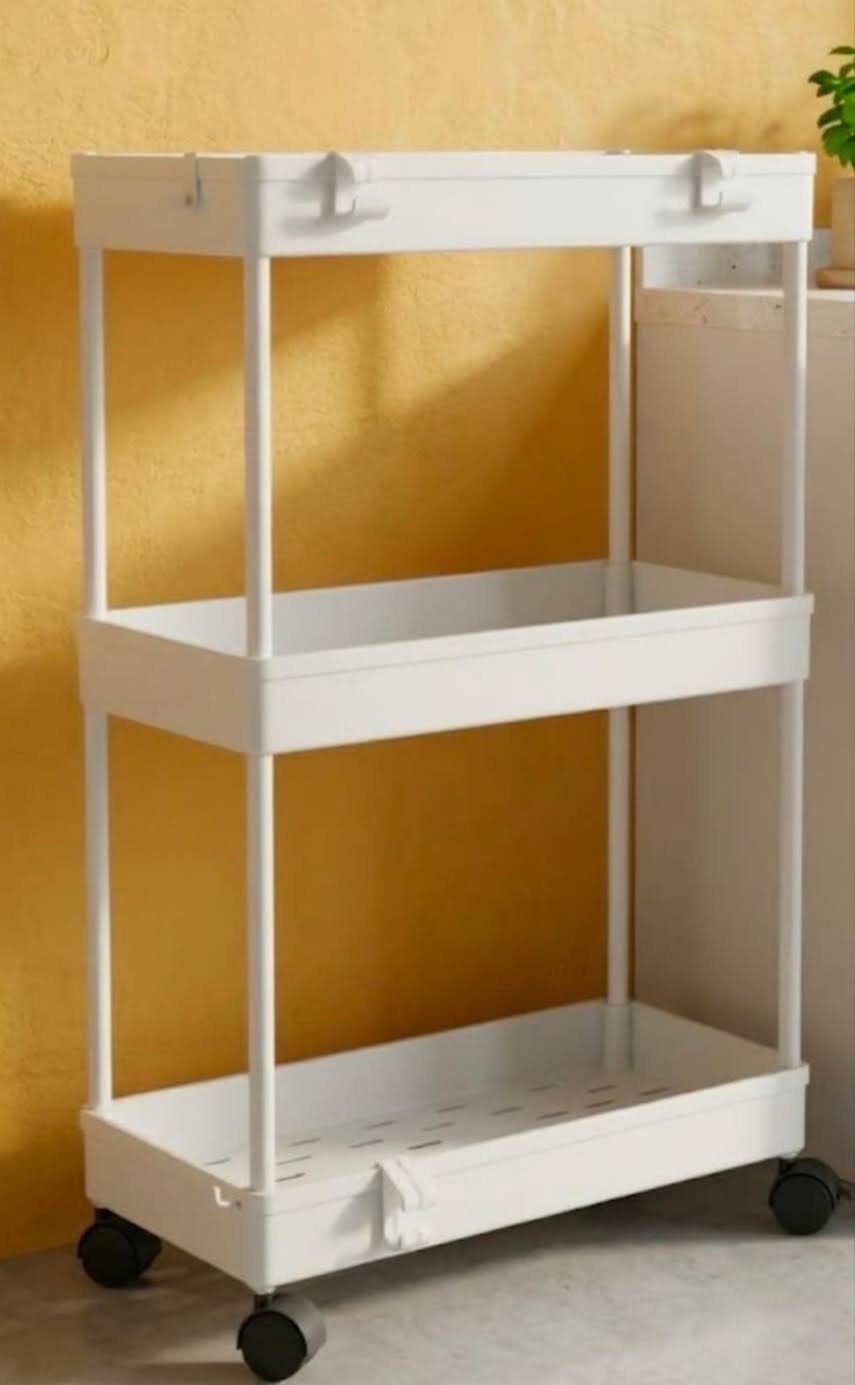 White Plastic 3-Tier Storage Trolley with Wheels and Hooks, Unbranded, One Size, New condition — preloved on SilentSale®