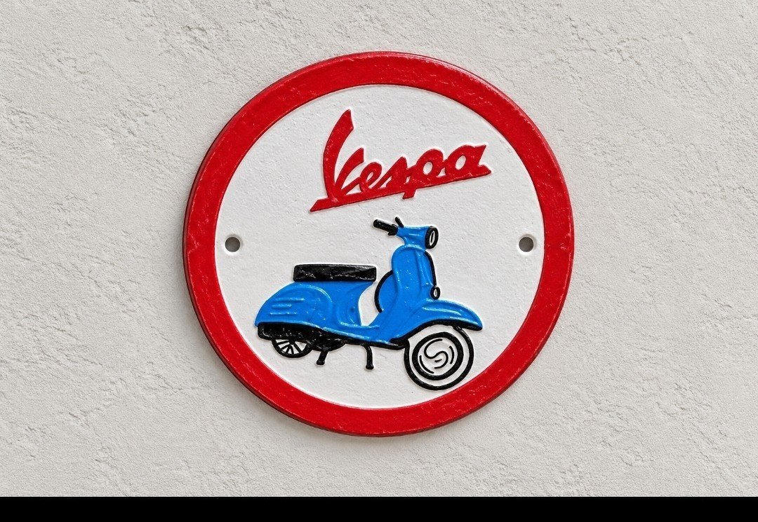 New Reproduction Round Vespa Wall Plaque - Cast Aluminium, Vespa, Small, New condition — preloved on SilentSale®