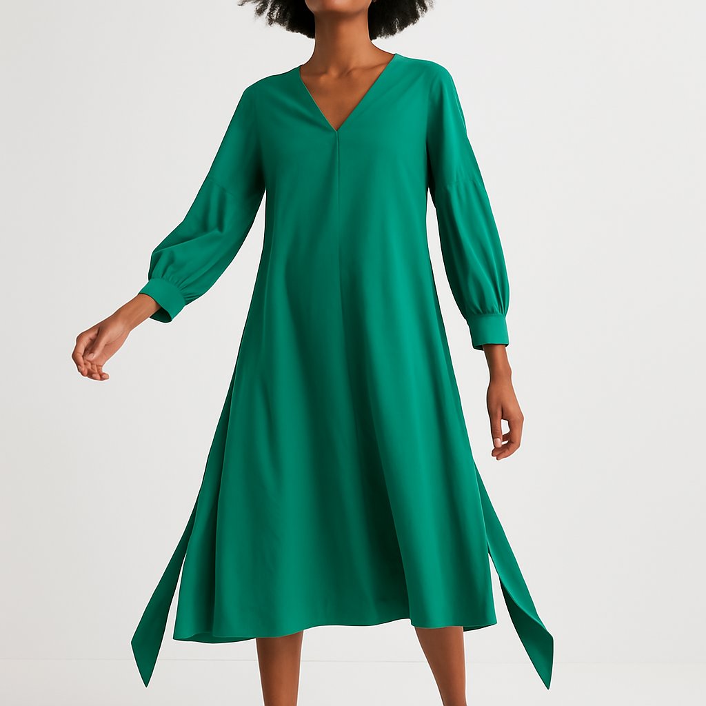 JD Williams Green Midi Dress with V Neck and Long Sleeves, JD Williams, 26, New condition — preloved on SilentSale®
