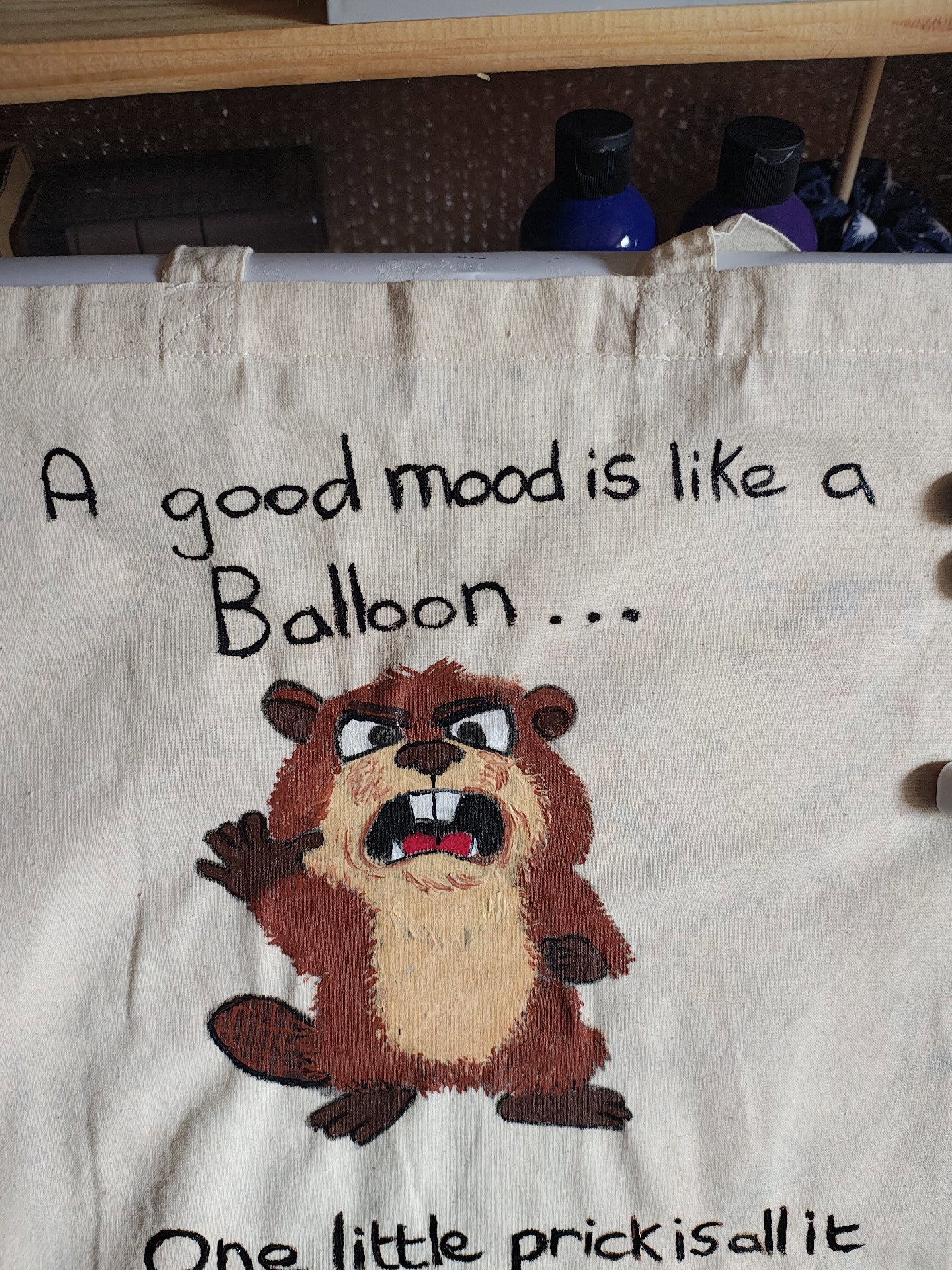 Hand Painted Canvas Tote Bag with Cartoon Beaver and Quote, Unbranded, Medium, New condition — preloved on SilentSale®