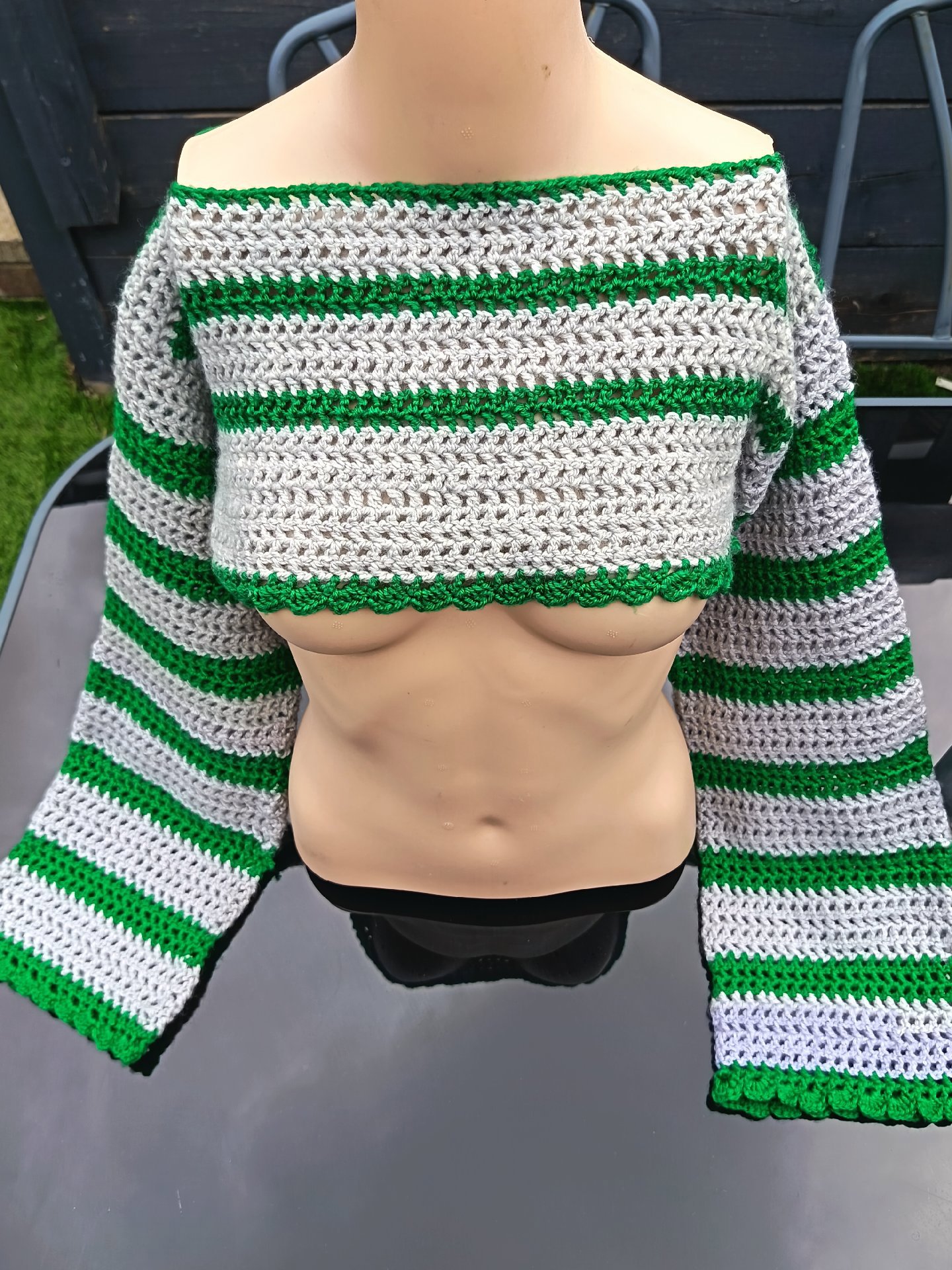 Handmade Crochet Crop Top Green and White Striped, Handmade, 10, Excellent condition — preloved on SilentSale®