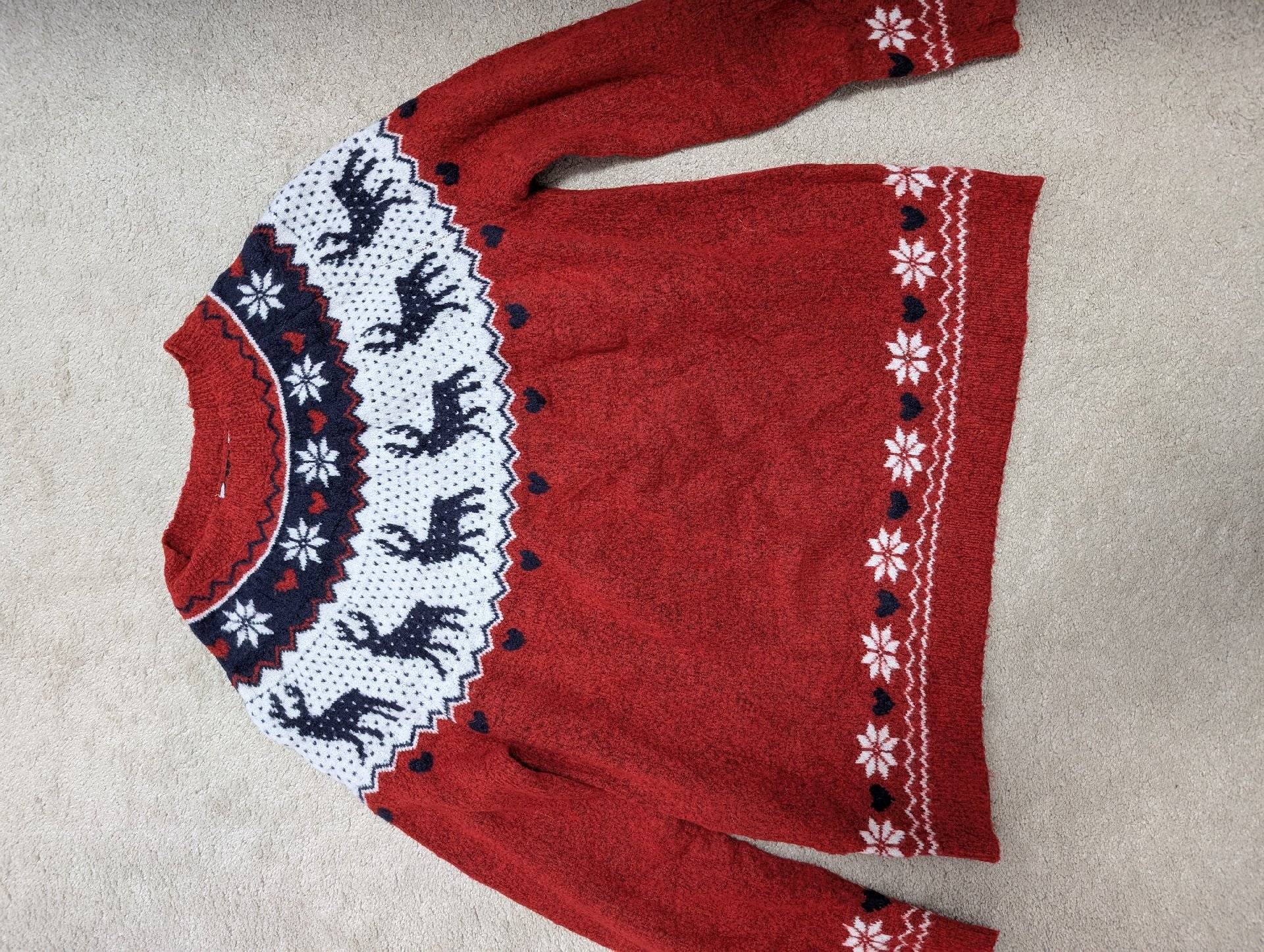 Red Christmas Reindeer Pattern Jumper Sweater, Peacocks, M, Excellent condition — preloved on SilentSale®