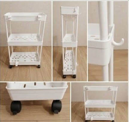 White Plastic 3-Tier Storage Trolley with Wheels and Hooks, Unbranded, One Size, New condition — preloved on SilentSale®
