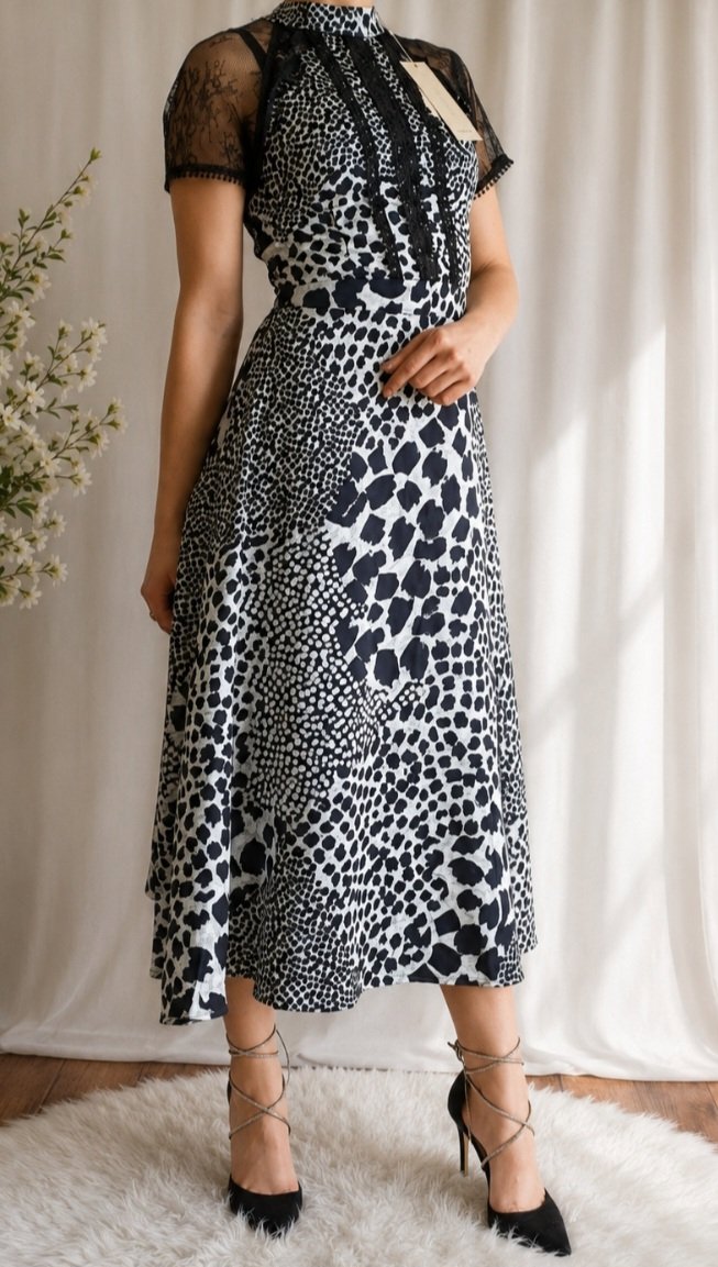 Women Black White Animal Print High Neck Lace A-Line Midi Dress L, AX Paris, 10, New condition — preloved on SilentSale®