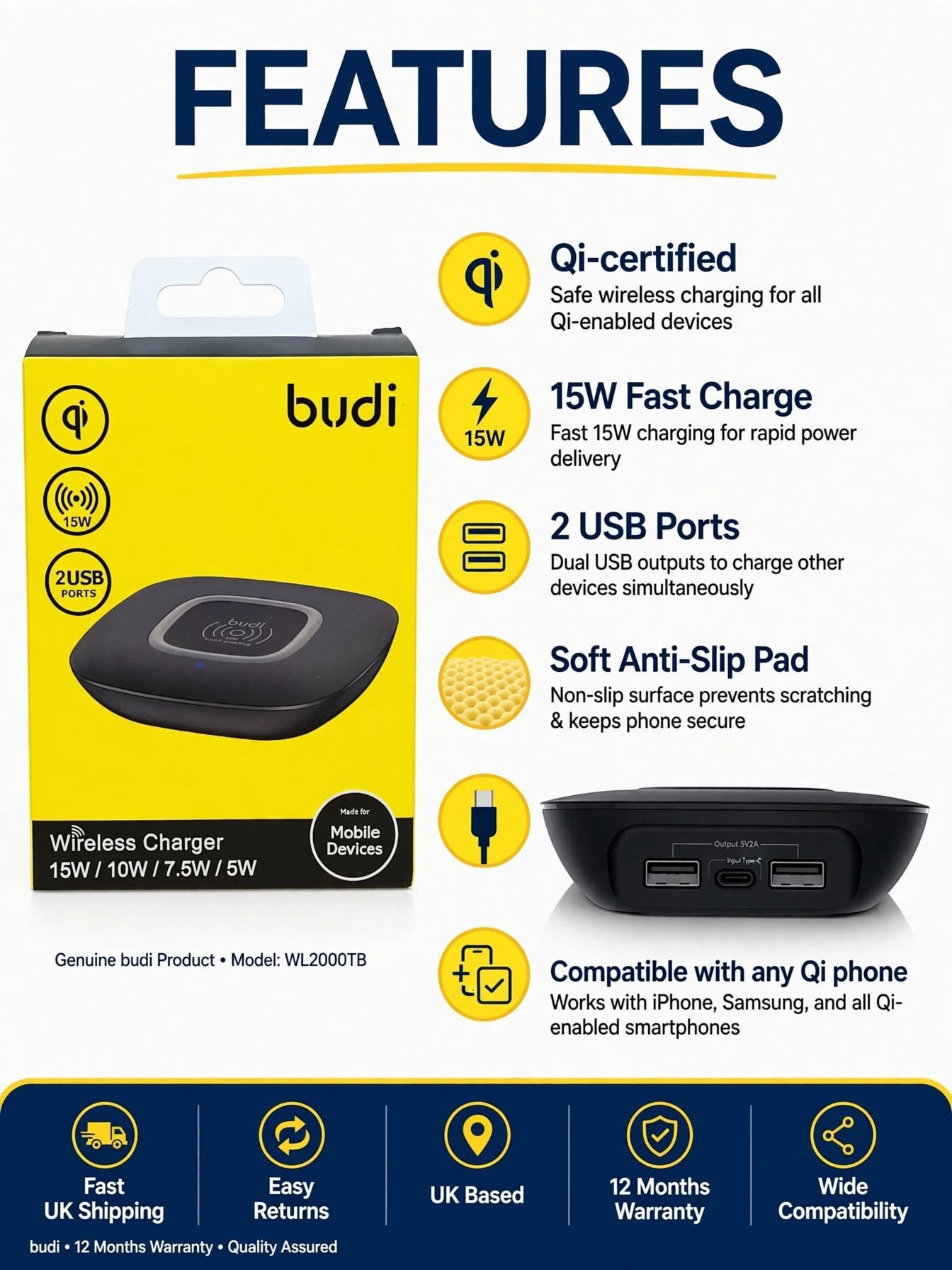 Budi Wireless Charger 15W Fast Charge with 2 USB Ports, Budi, One Size, New condition — preloved on SilentSale®
