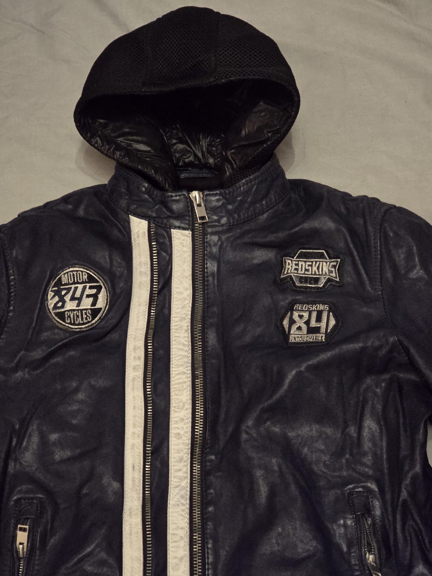 Redskins Black Leather Motorcycle Jacket with Hood – XL, Redskins, XL, Excellent condition — preloved on SilentSale®