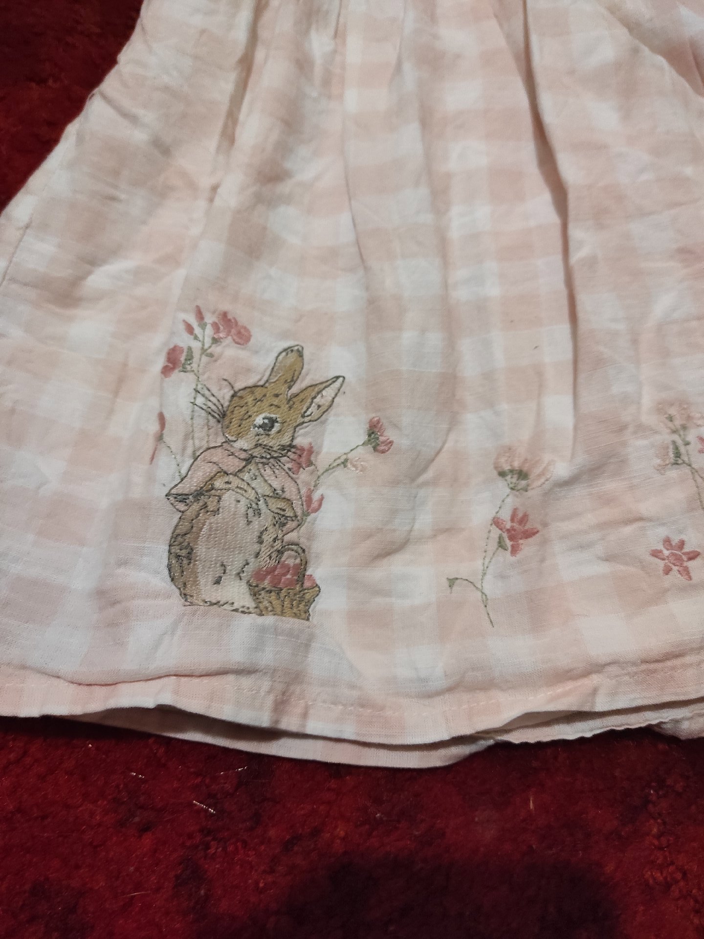 Pink Checked Baby Dress with Bunny and Floral Embroidery, PINK, 12-18M, Excellent condition — preloved on SilentSale®