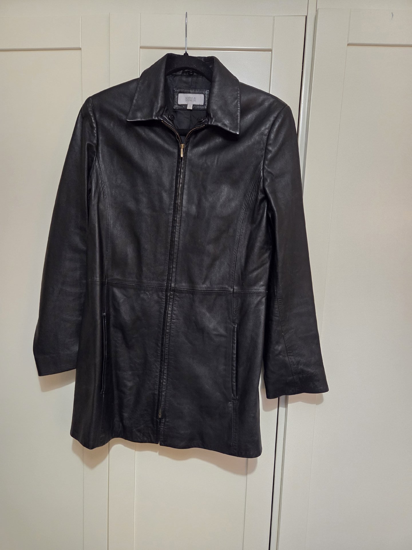 Marks & Spencer Black Leather Longline Jacket – Size 10, Marks & Spencer, S (50-52cm), Excellent condition — preloved on SilentSale®