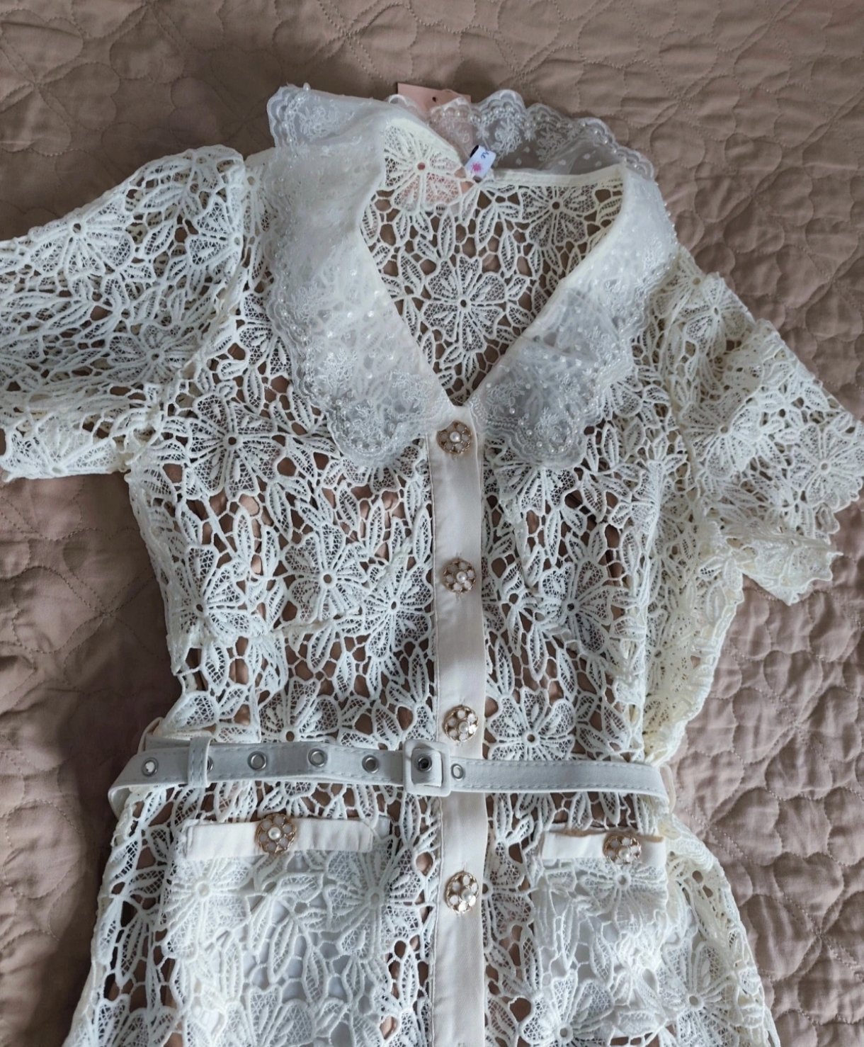 White Lace Midi Dress with Belt and Pearl Buttons, ellystore, 14, Excellent condition — preloved on SilentSale®