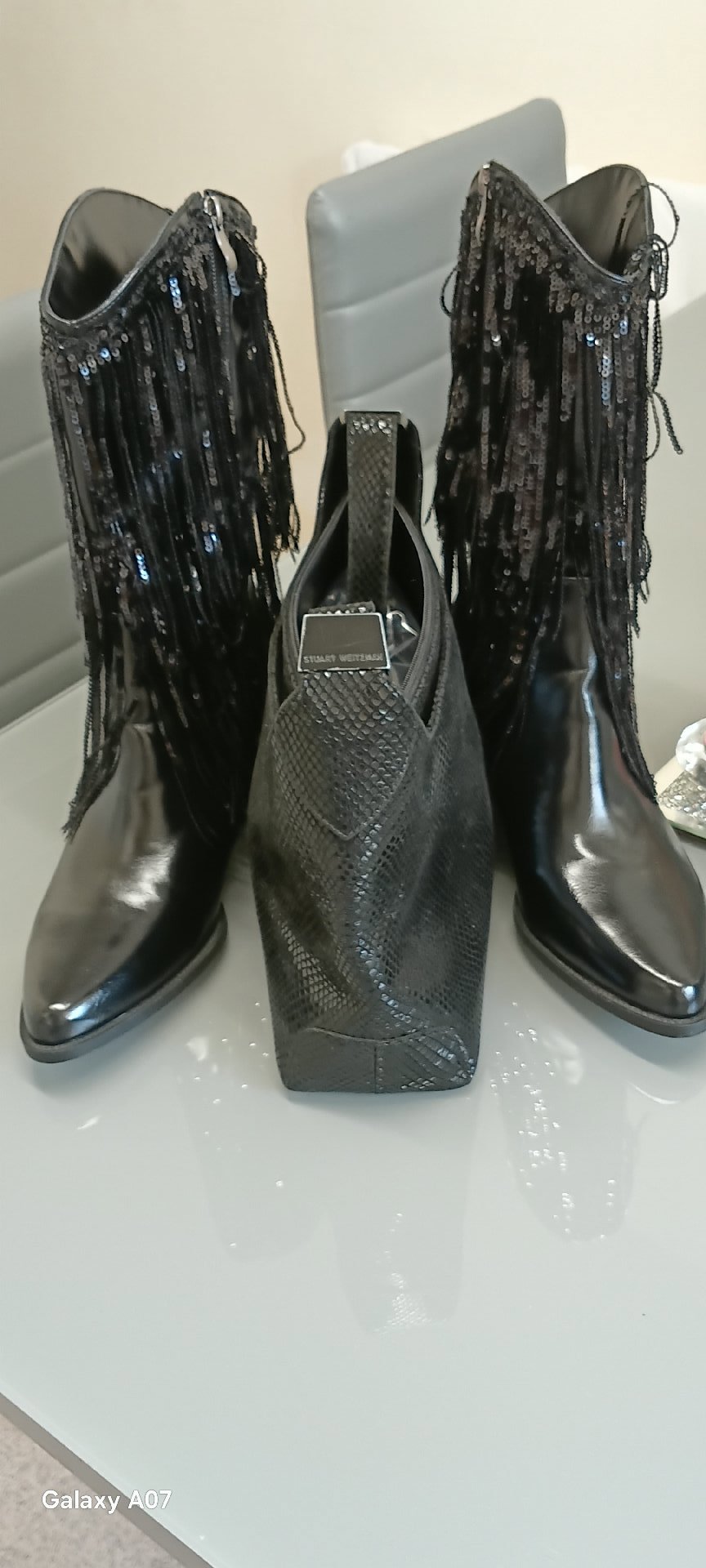Black Sequin Fringe Ankle Boots, Stuart Weitzman, 6, Excellent condition — preloved on SilentSale®