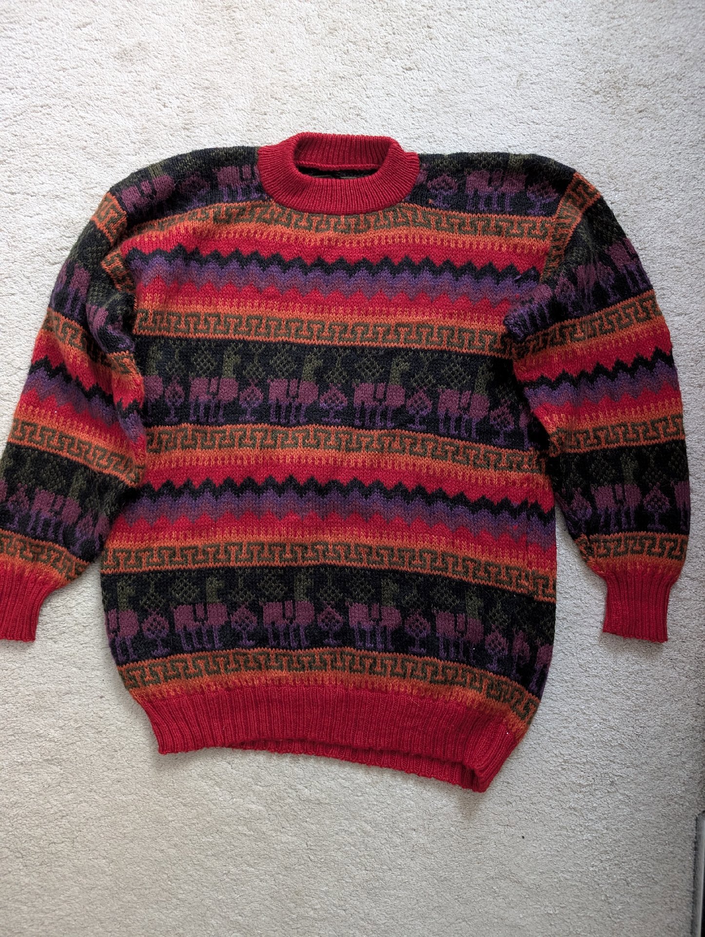Vintage Patterned Wool Jumper Sweater Red Purple Black, Unbranded, S, Excellent condition — preloved on SilentSale®