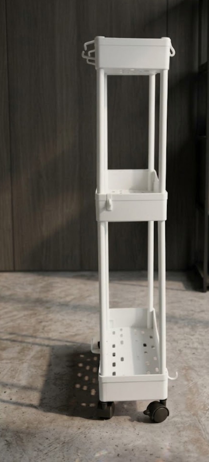 White Plastic 3-Tier Storage Trolley with Wheels and Hooks, Unbranded, One Size, New condition — preloved on SilentSale®