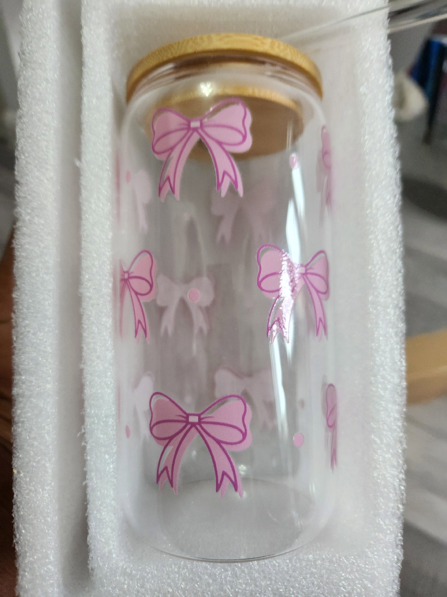 Cute Pink Bows Glass Cup with Bamboo Lid & Straw, Unbranded, One Size, New condition — preloved on SilentSale®