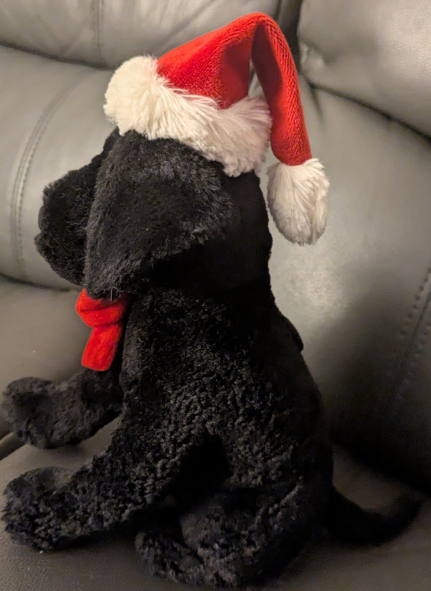 Black Plush Dog Toy with Red Santa Hat and Bow, Jellycat, 50 cm, Excellent condition — preloved on SilentSale®