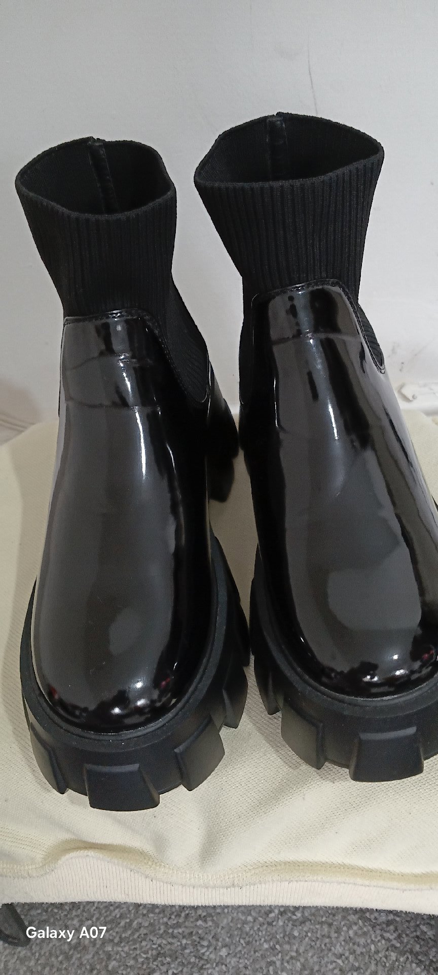 Black Patent Chunky Sole Sock Ankle Boots, JF, 5, New condition — preloved on SilentSale®