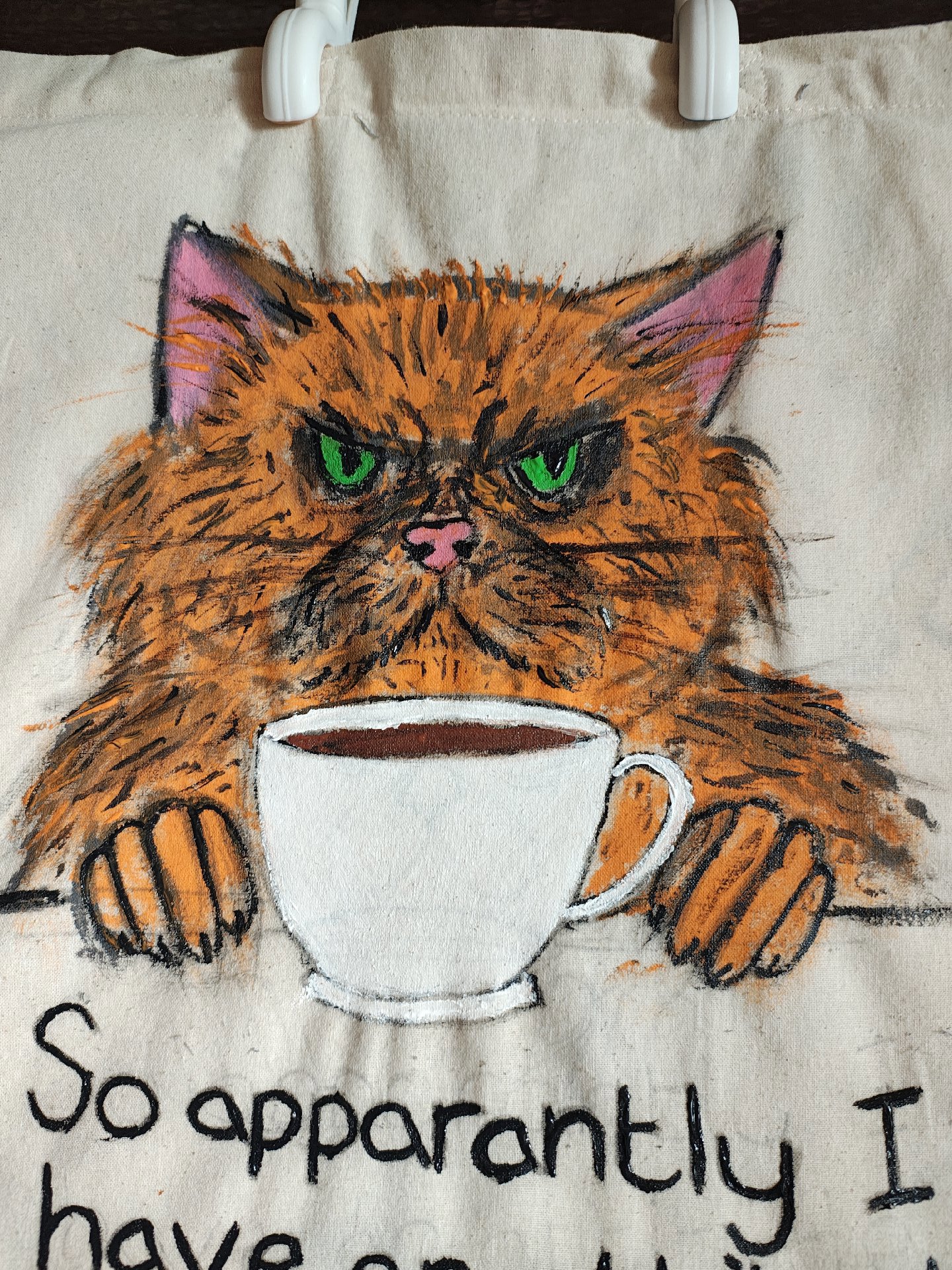 Hand Painted Canvas Tote Bag with Cat and Quote, Unbranded, Medium, New condition — preloved on SilentSale®