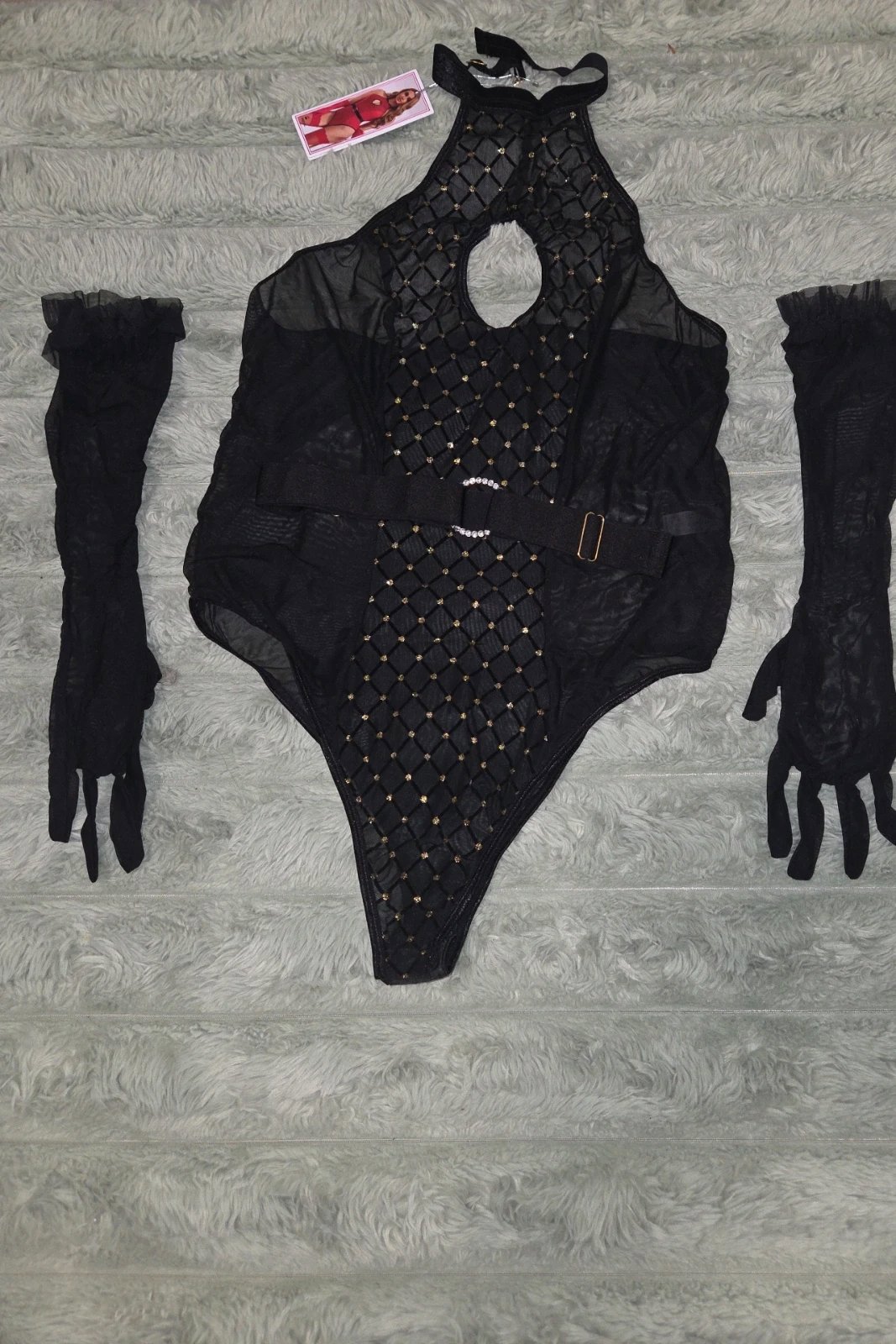 Black Flocked Mesh Halterneck Bodysuit Set with Belt & Gloves, Oh yeah, L, New condition — preloved on SilentSale®