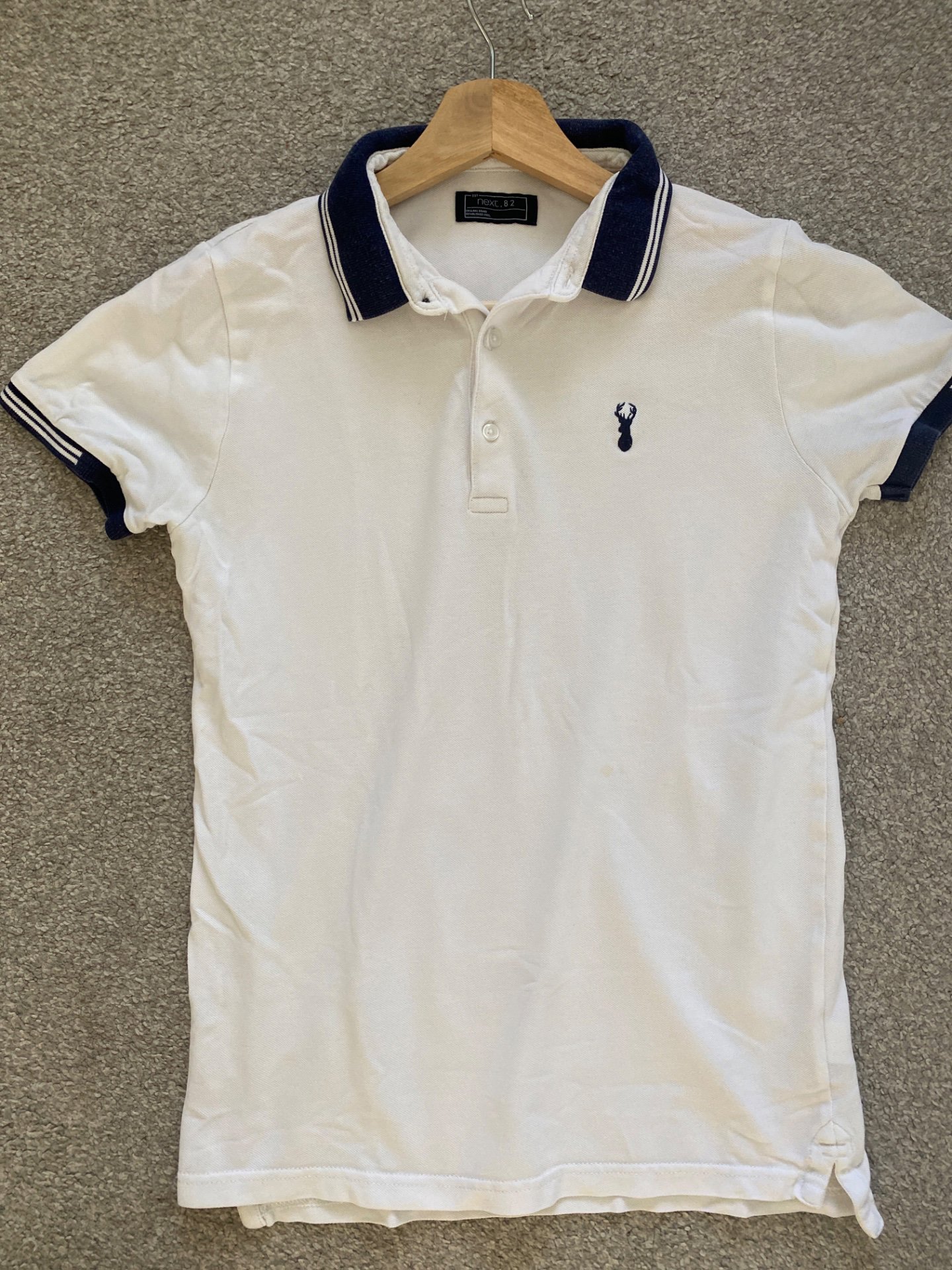 White Polo Shirt with Navy Collar Trim, Next, 14 years, Good condition — preloved on SilentSale®