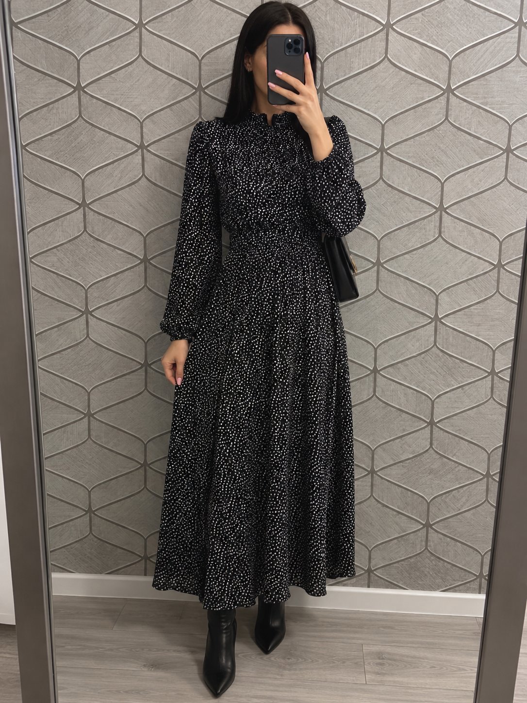 Black Polka Dot Long Sleeve Midi Dress, Aveloria, XS, New condition — preloved on SilentSale®