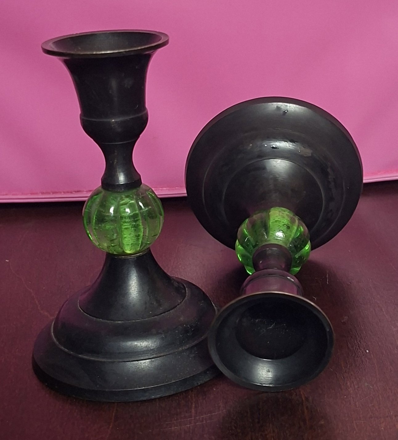 Pair of Vintage Black Metal Candlesticks with Green Glass Detail, Unbranded, 10cm height, Good condition — preloved on SilentSale®