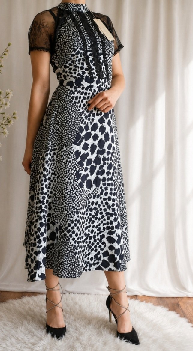 Women Black White Animal Print High Neck Lace A-Line Midi Dress L, AX Paris, 10, New condition — preloved on SilentSale®