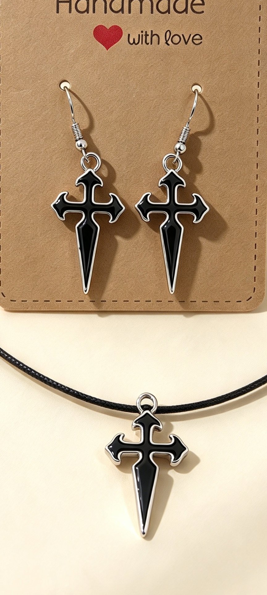 Handmade Black Cross Pendant Necklace and Earrings Set, Handmade, One Size, New condition — preloved on SilentSale®
