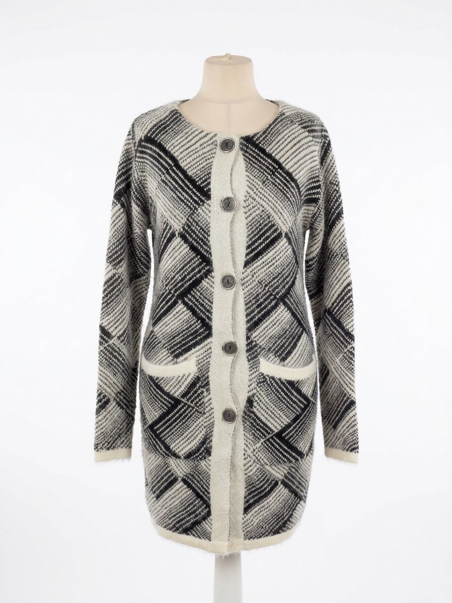 Women cardigan Shida Fuji Grey Patterned Longline Cardigan – Size 2B, Shida Fuji, XL, New condition — preloved on SilentSale®