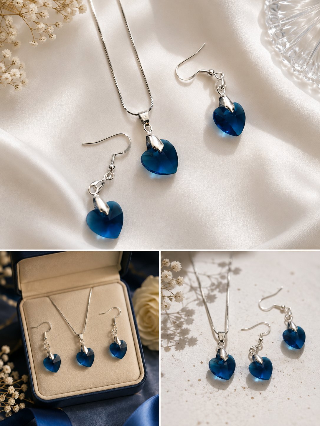Blue Heart Crystal Pendant Necklace and Earrings Set, Unbranded, A, New condition — preloved on SilentSale®
