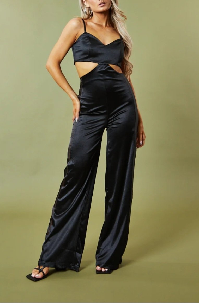 Black Satin Cut Out Wide Leg Jumpsuit, rebellious, 6, New condition — preloved on SilentSale®