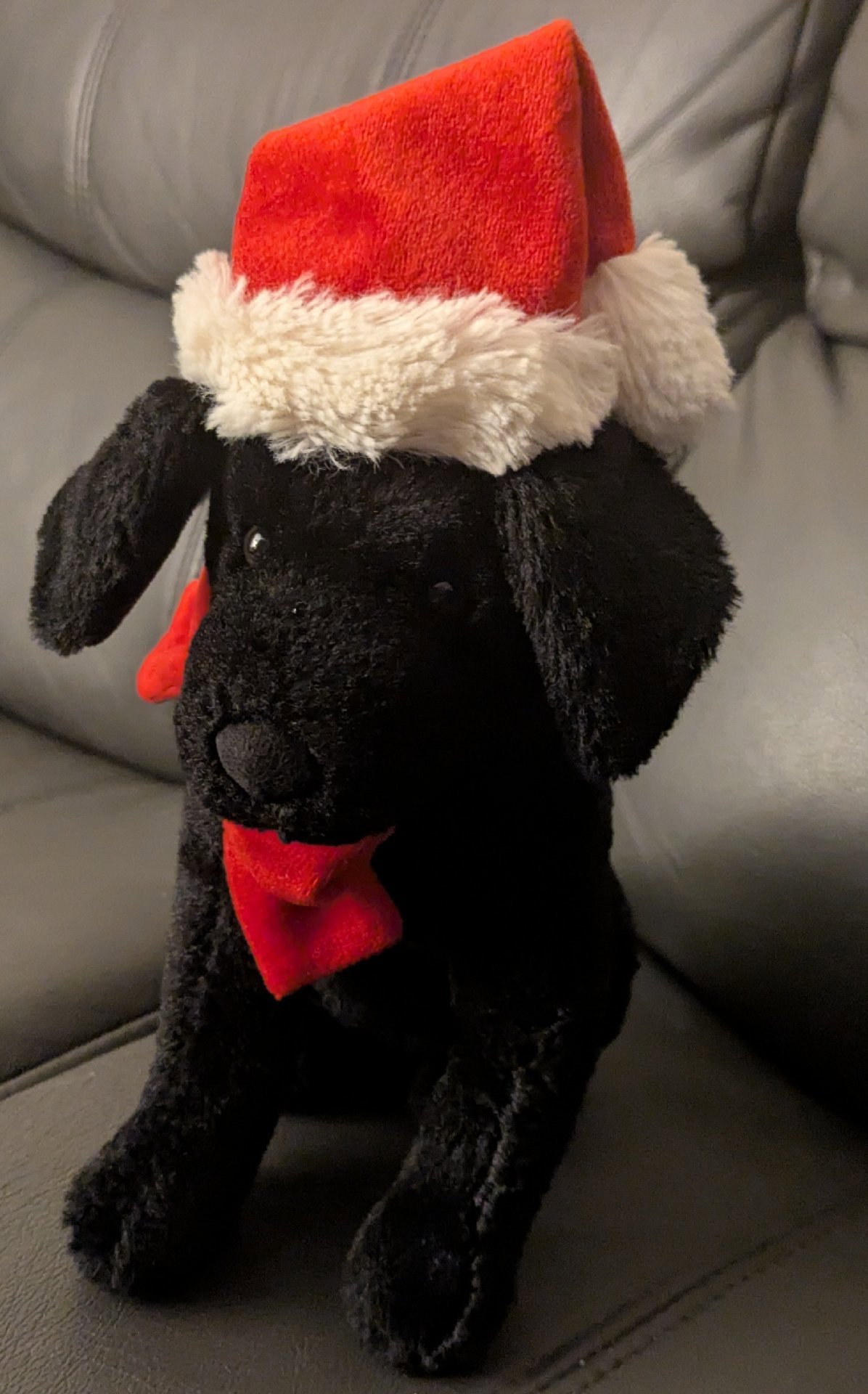 Black Plush Dog Toy with Red Santa Hat and Bow, Jellycat, 50 cm, Excellent condition — preloved on SilentSale®