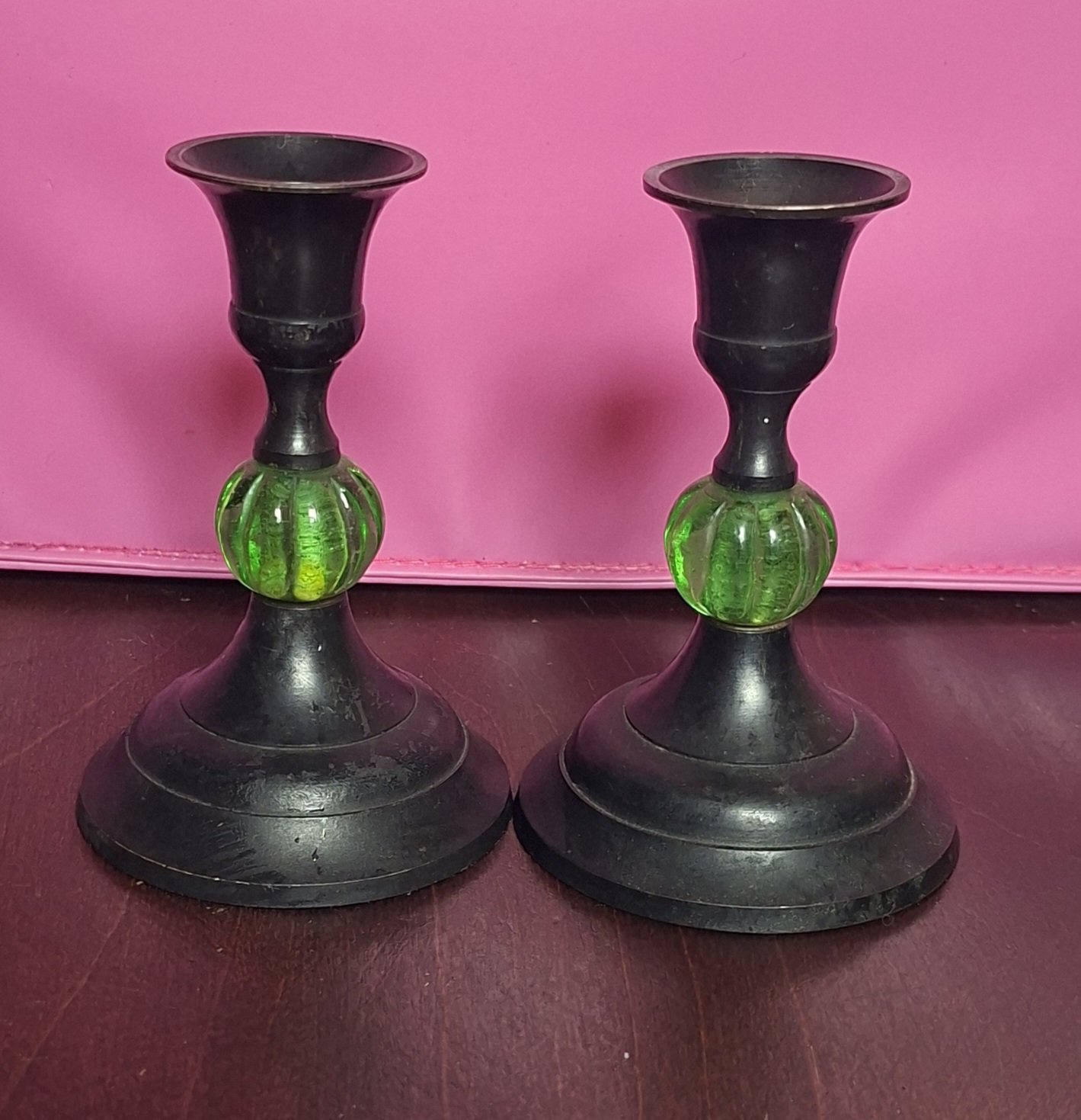 Pair of Vintage Black Metal Candlesticks with Green Glass Detail, Unbranded, 10cm height, Good condition — preloved on SilentSale®