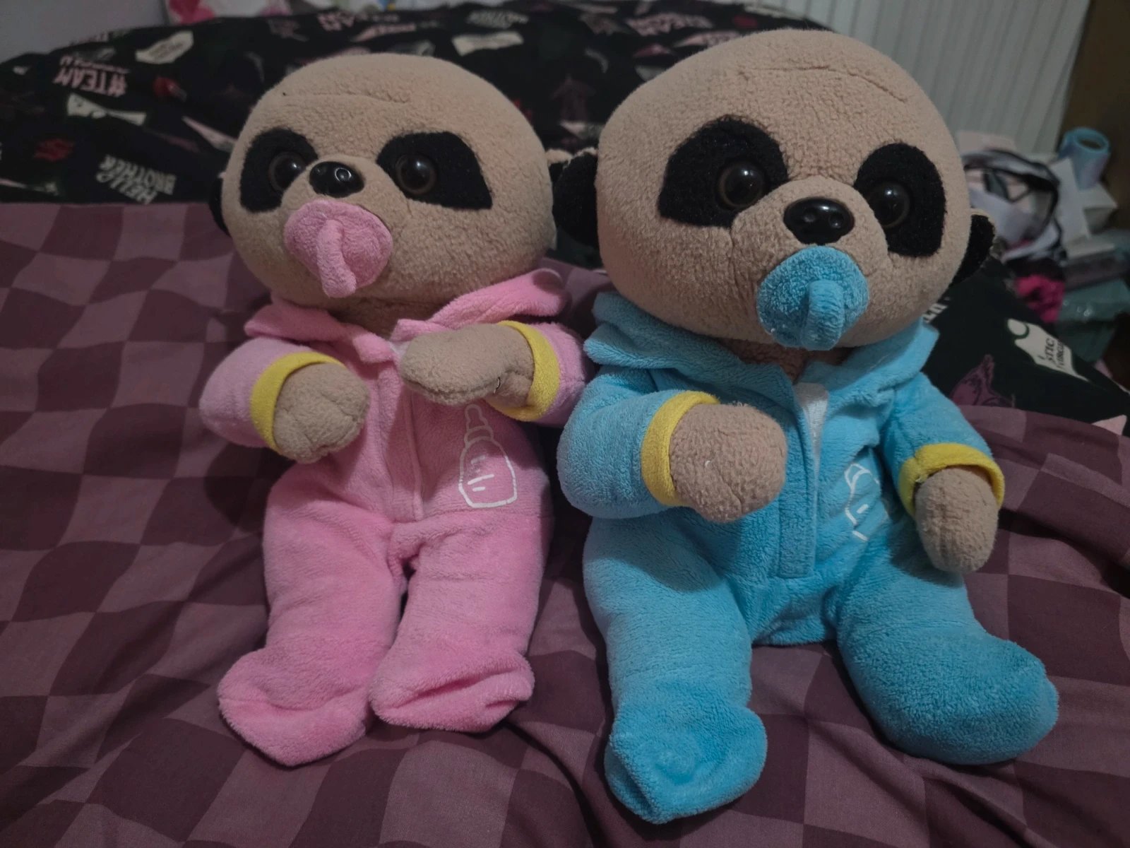 Pair of Baby Meerkat Soft Toys – Pink & Blue Baby-gro Onesies with Dummies / Pacifiers (Set of 2), Paws, One Size, Excellent condition — preloved on SilentSale®
