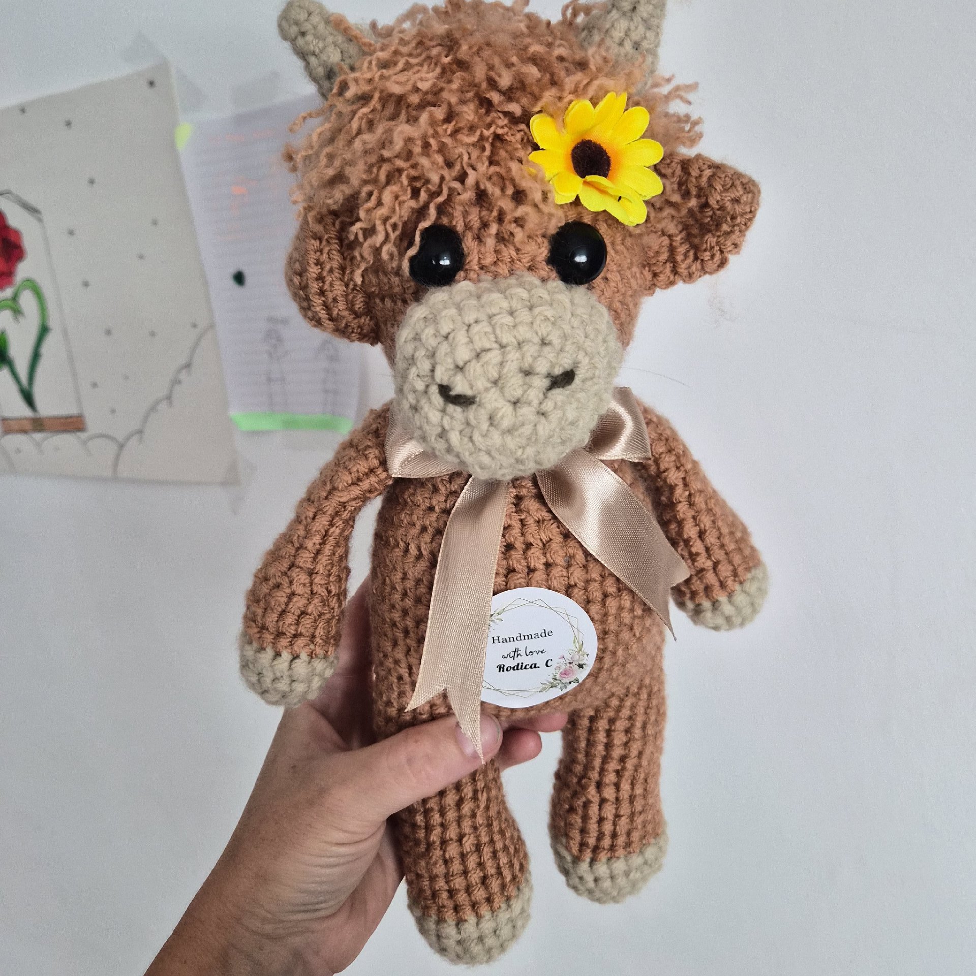 Handmade Crochet Brown Cow Soft Toy with Flower and Bow, handmade beautiful crochet, 6 years, New condition — preloved on SilentSale®