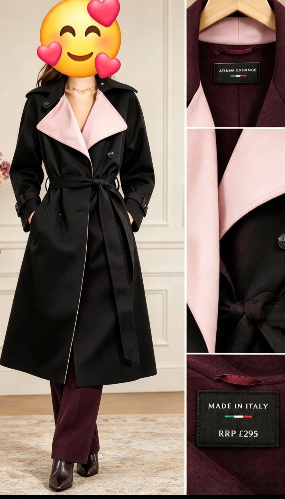 Armani Exchange Black and Pink Trench Coat, Armani, XS, Excellent condition — preloved on SilentSale®