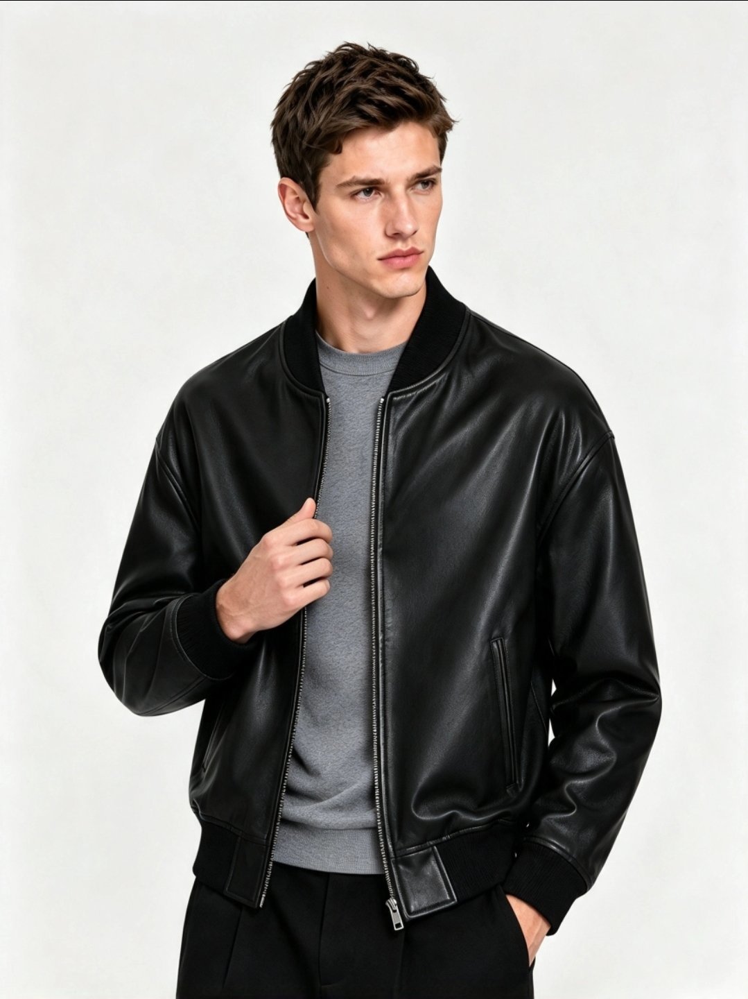 Disashen Black Faux Leather Bomber Jacket — slim fit.Size L., disashen, L, New condition — preloved on SilentSale®