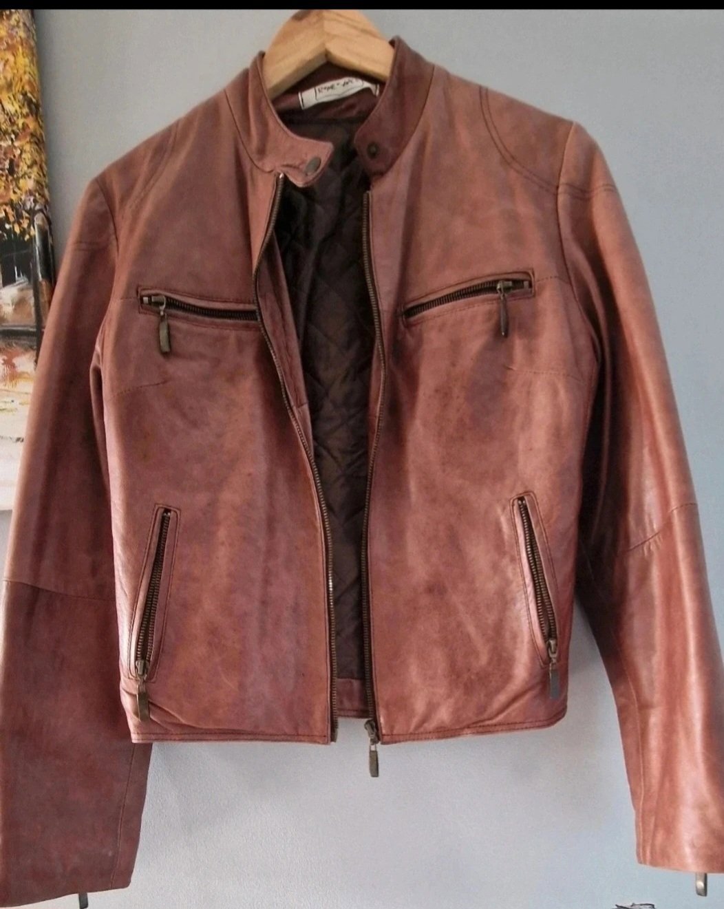 Brown Faux Leather Biker Jacket, No Voice, L, Excellent condition — preloved on SilentSale®