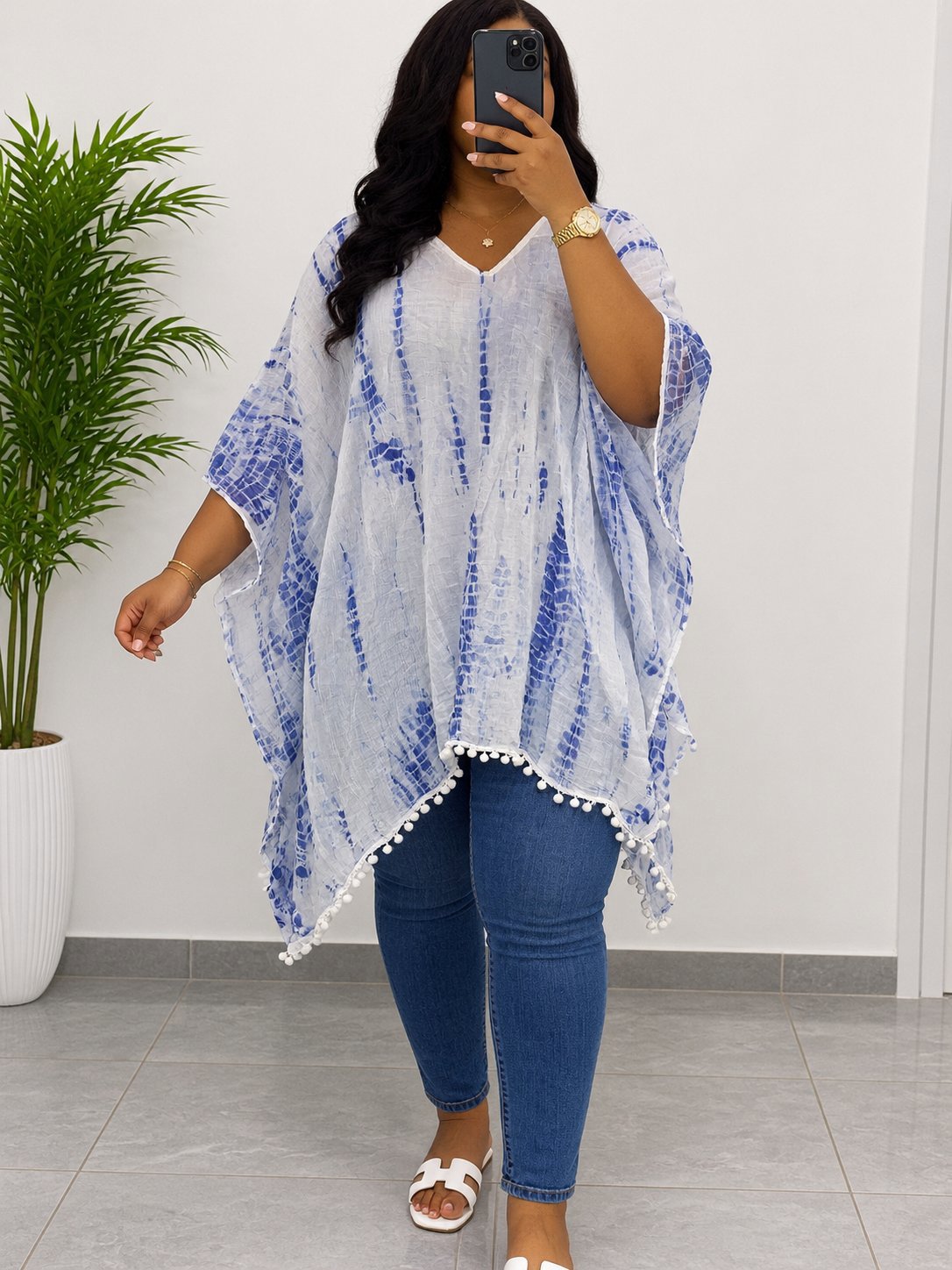 Dutalli Blue Tie Dye Pom Pom Kaftan Top, Dutalli, 16, Excellent condition — preloved on SilentSale®