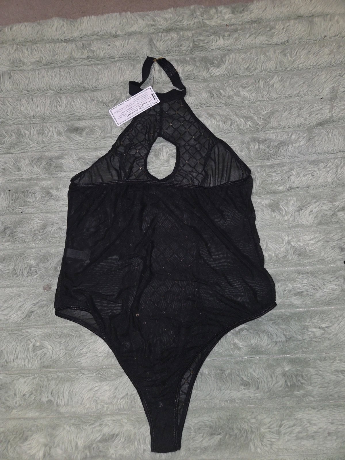 Black Flocked Mesh Halterneck Bodysuit Set with Belt & Gloves, Oh yeah, L, New condition — preloved on SilentSale®